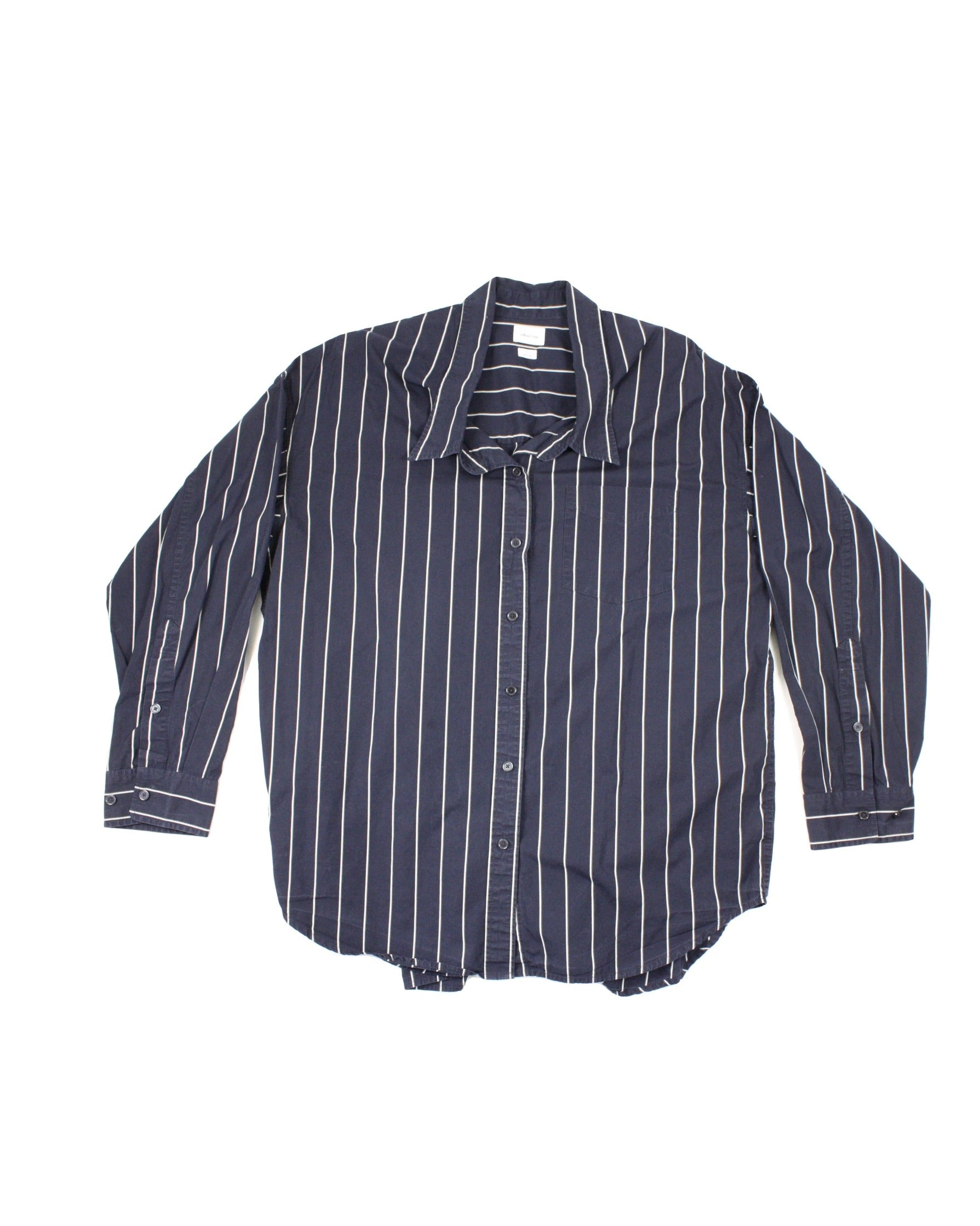 Wilfred Free Women's Navy/White Striped Pattern Button Front One Pocket Collar Long Sleeve Shirt – Size L