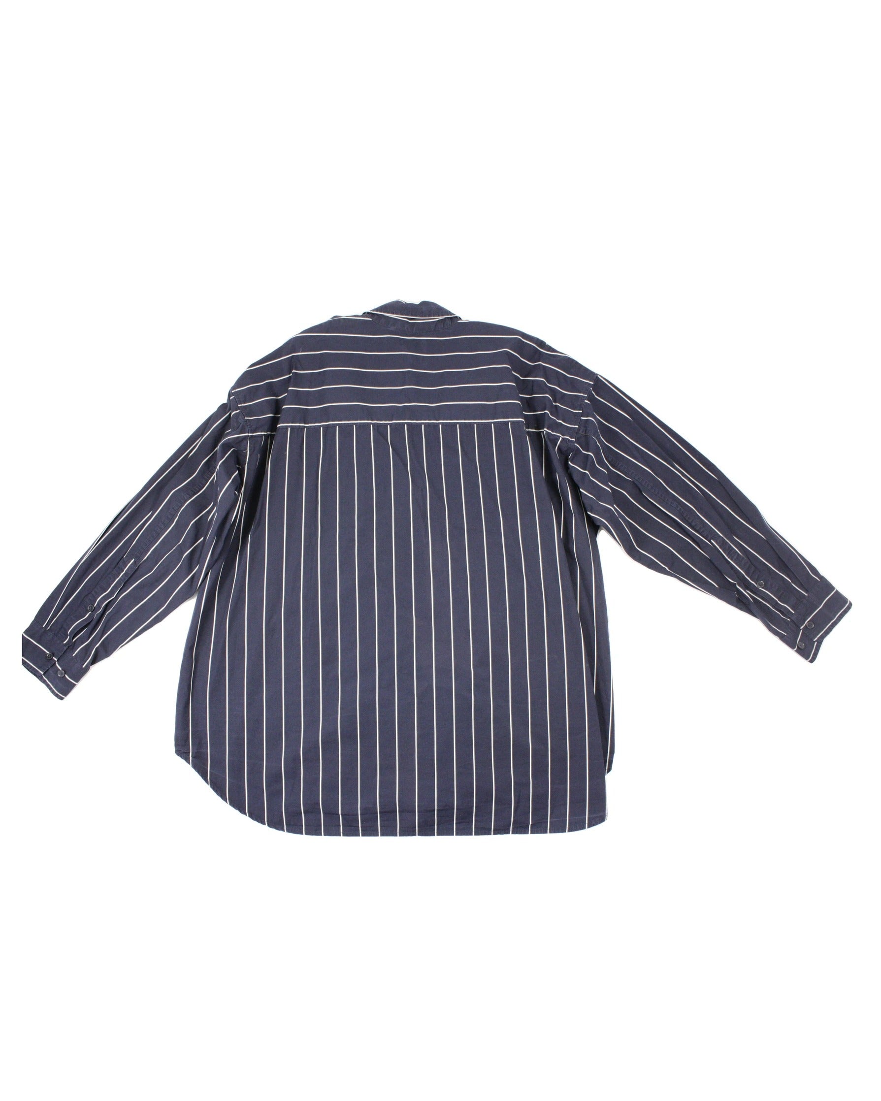 Wilfred Free Women's Navy/White Striped Pattern Button Front One Pocket Collar Long Sleeve Shirt – Size L