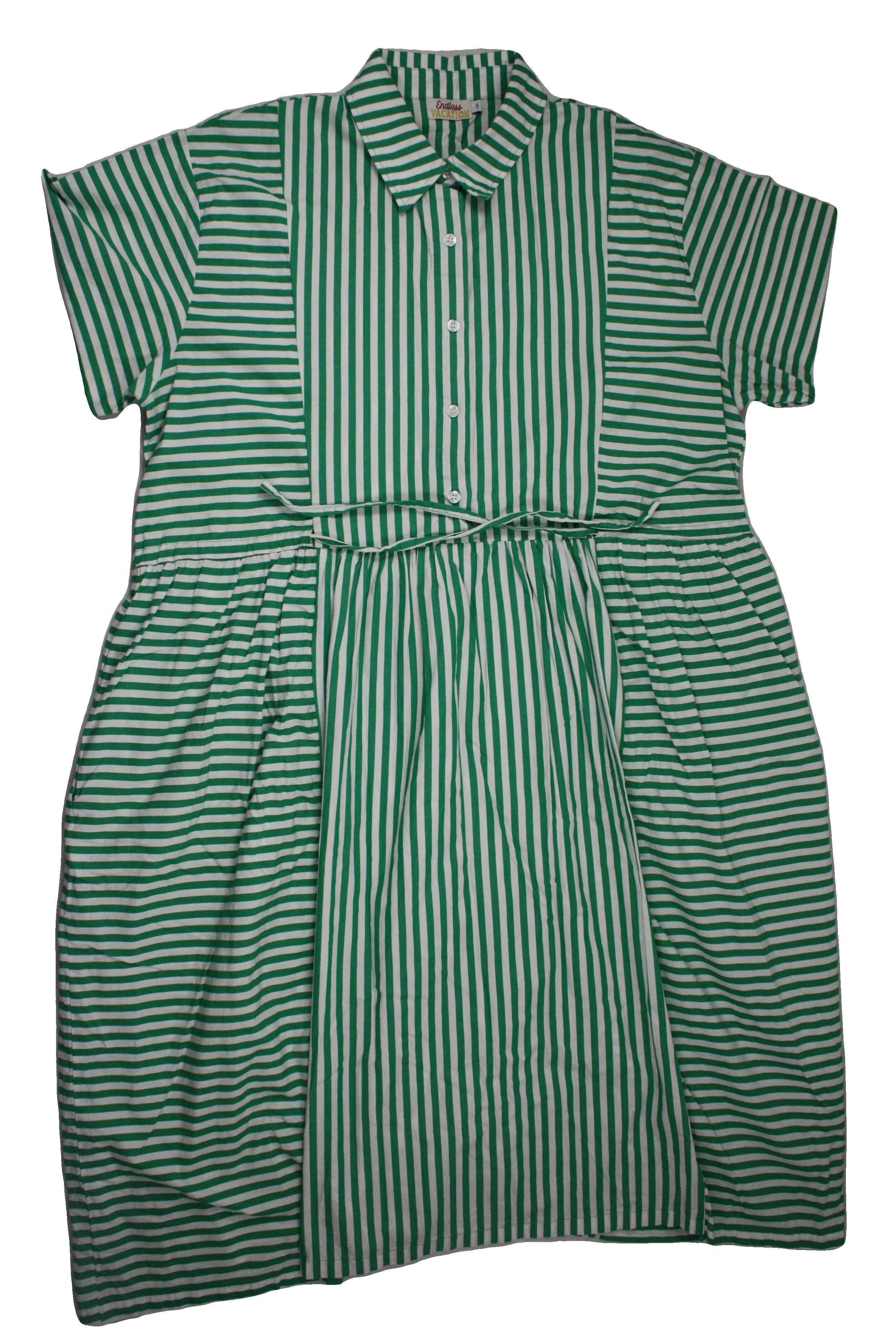 Endless Vacation Women's Green/White Striped Pattern Button Front Two Pockets Collar Short Sleeve Dress – Size XL