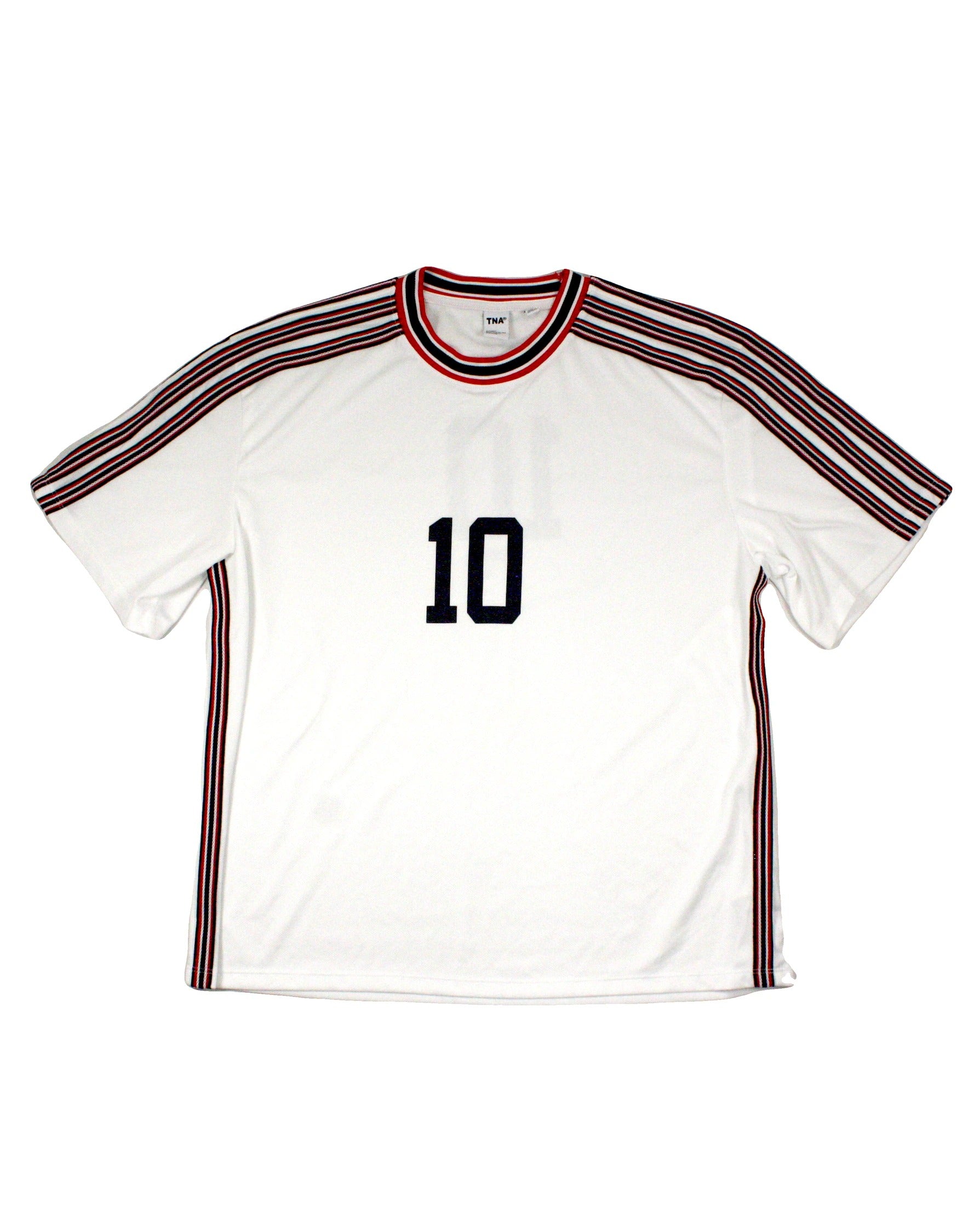 TNA Women's White/Red/Navy Striped Pattern Jersey 10 Round Neckline Short Sleeve Top – Size S