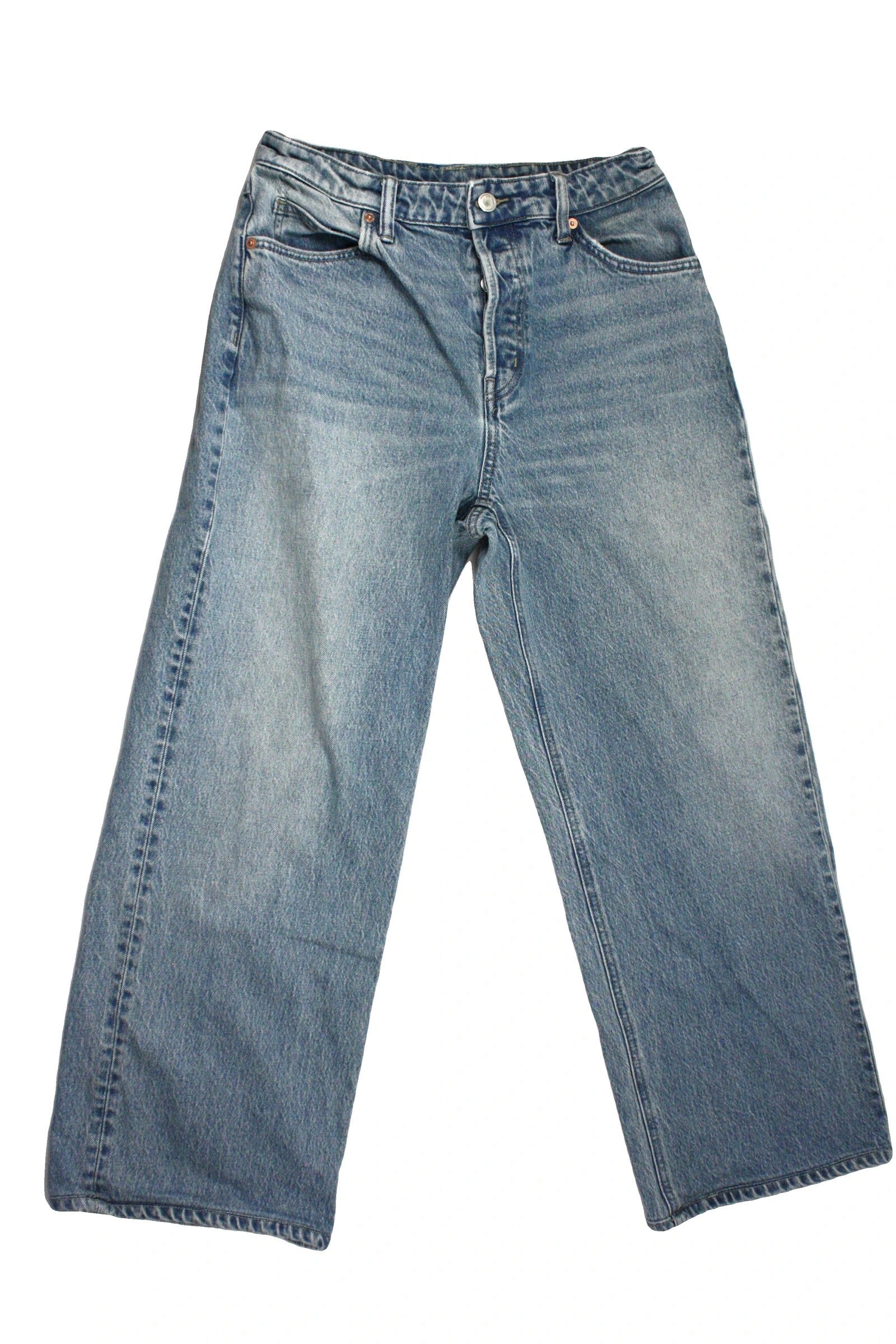Oak + Fort Women's Blue Silver Buttons Five Pockets High Rise Wide Leg Jeans – Waist 26