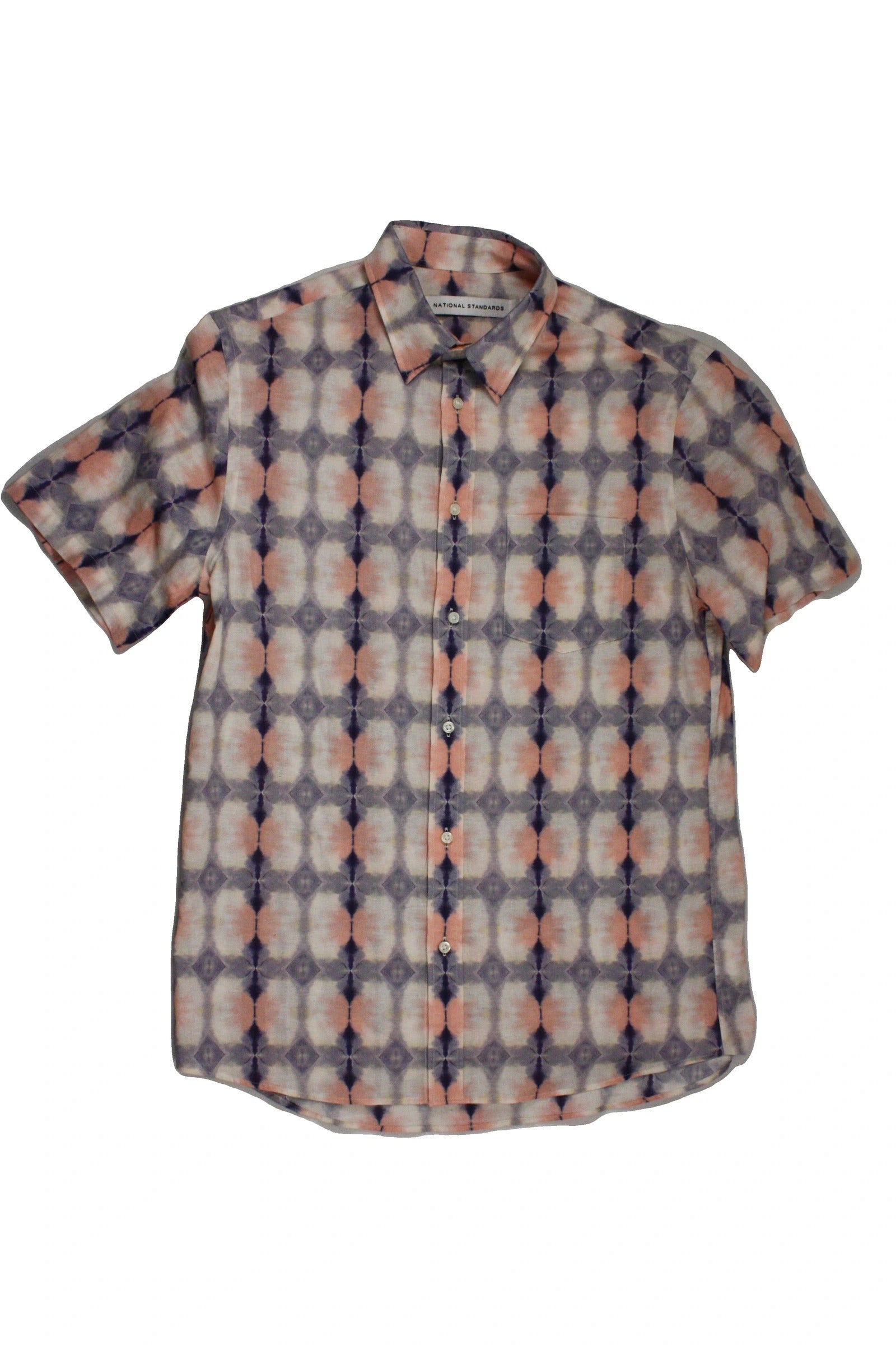 National Standards Men's Pink/Purple/Cream Tie-Dye Pattern Button Front One Pocket Abstrct Short Sleeve Shirt – Size S