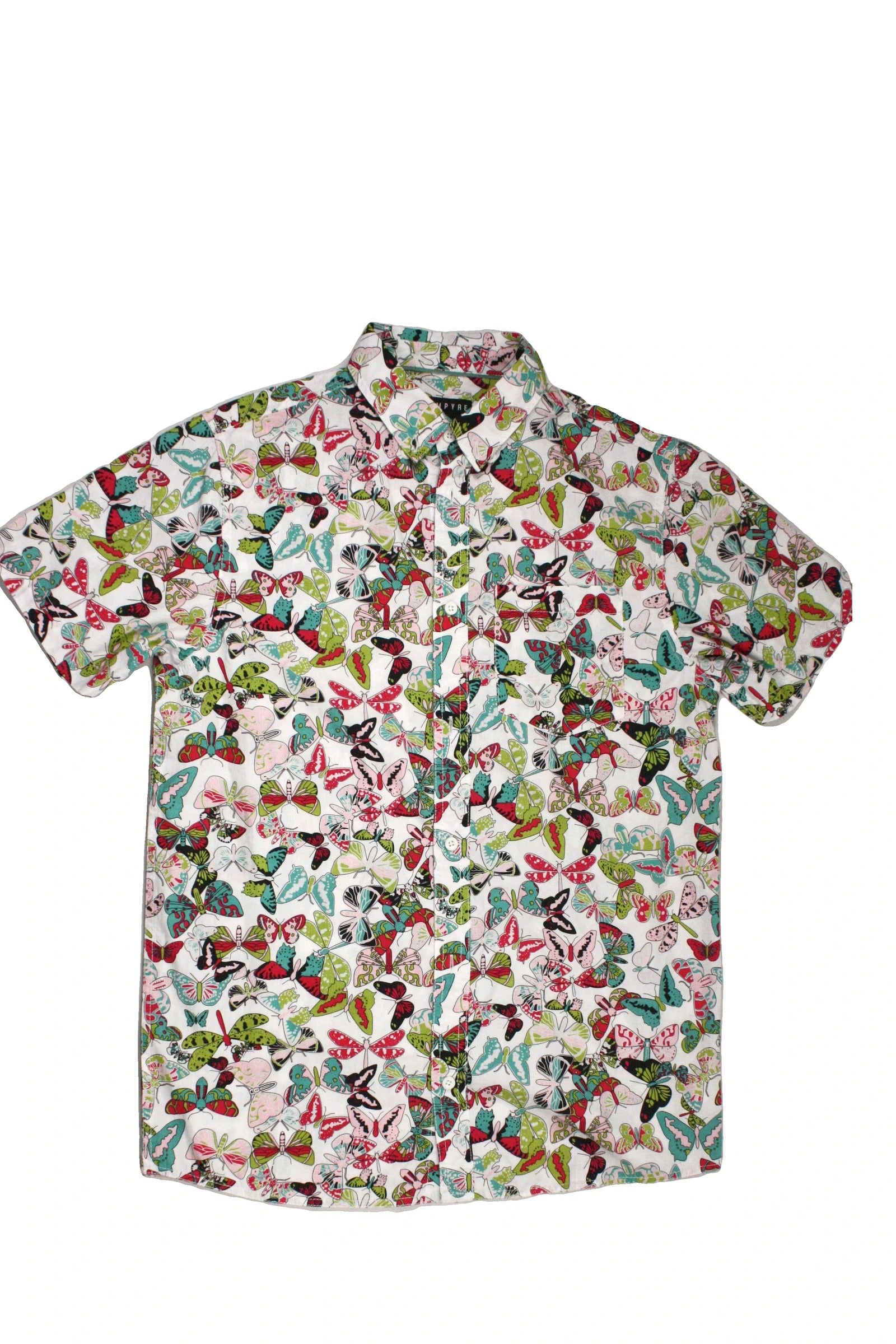 Empyre Men's White/Pink/Teal/Black/Green Butterfly Pattern Button Front One Pocket Collar Short Sleeve Shirt – Size S