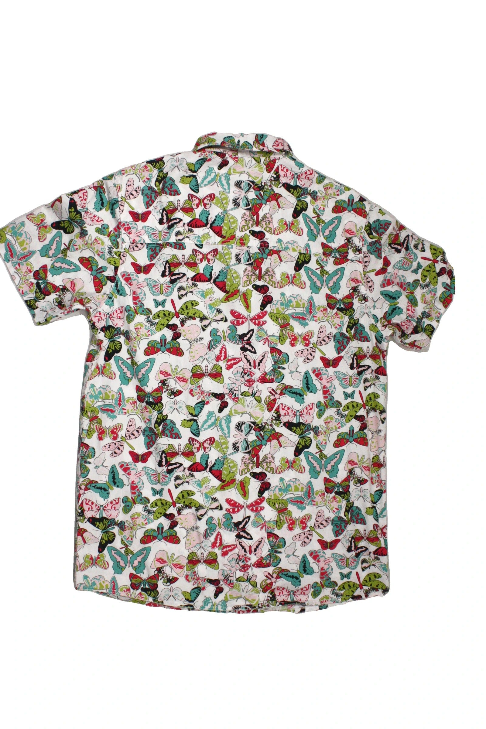 Empyre Men's White/Pink/Teal/Black/Green Butterfly Pattern Button Front One Pocket Collar Short Sleeve Shirt – Size S