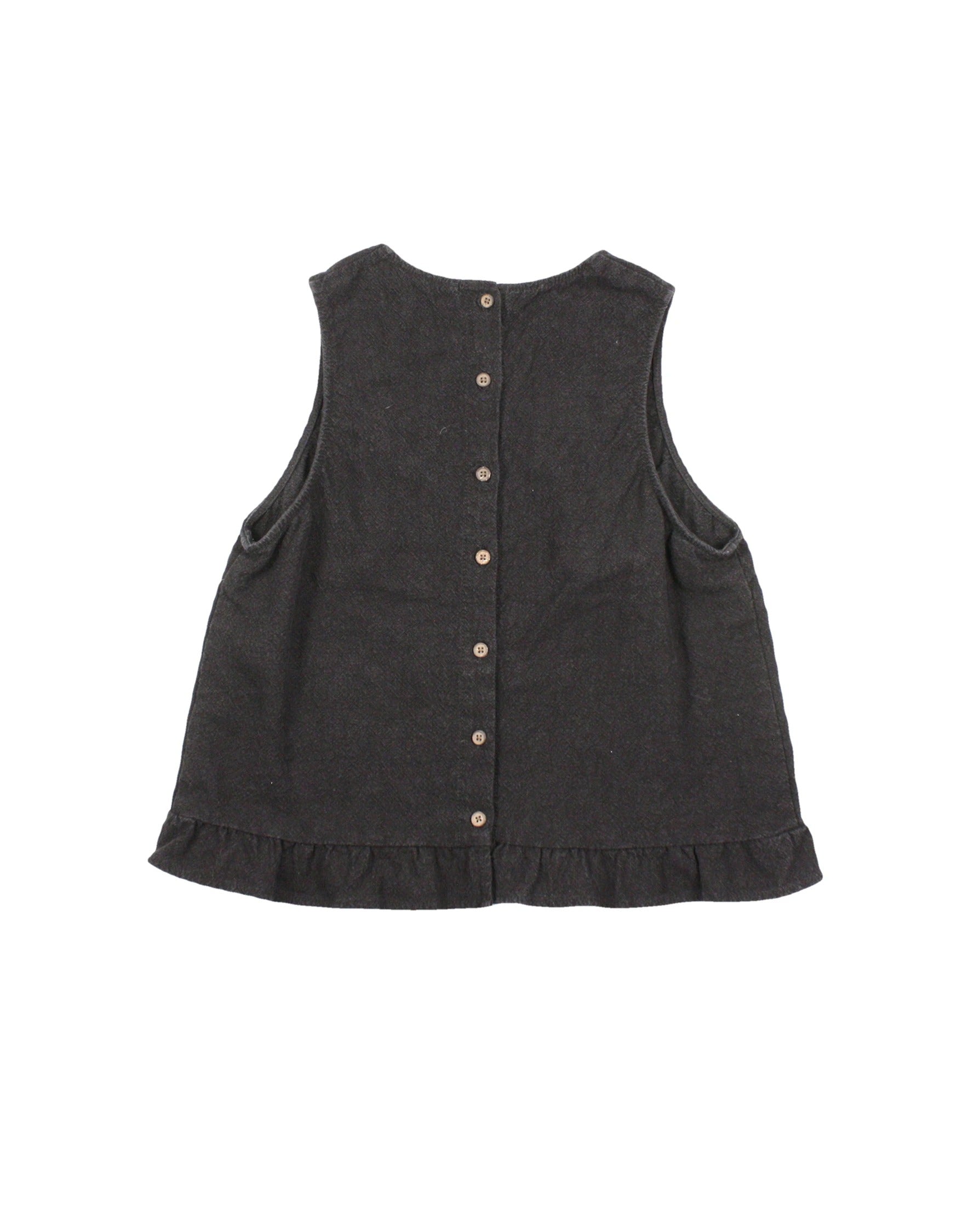 Jackson Rowe Women's Black Back Buttons Bust Darts Round Neckline Lettuce Trim Sleeveless Top – Size S