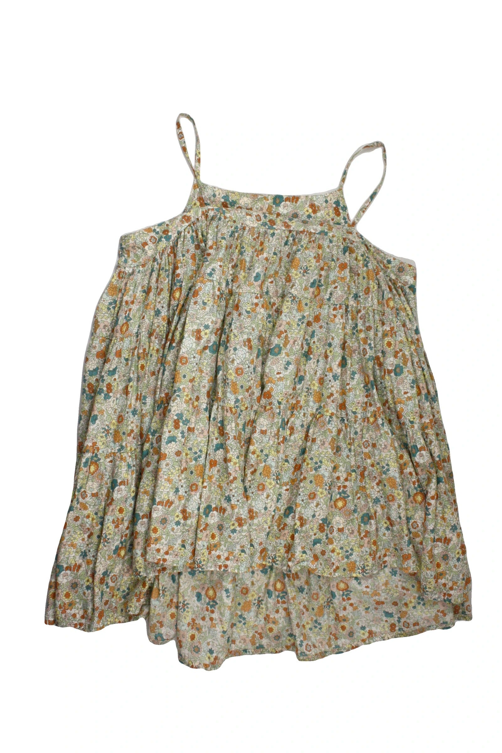 Shelter Designer Women's Orange/Cream/Yellow/Blue Cotton Flower Pattern Mini Length Gathered Tiers Spaghetti Strap Dress – Size L