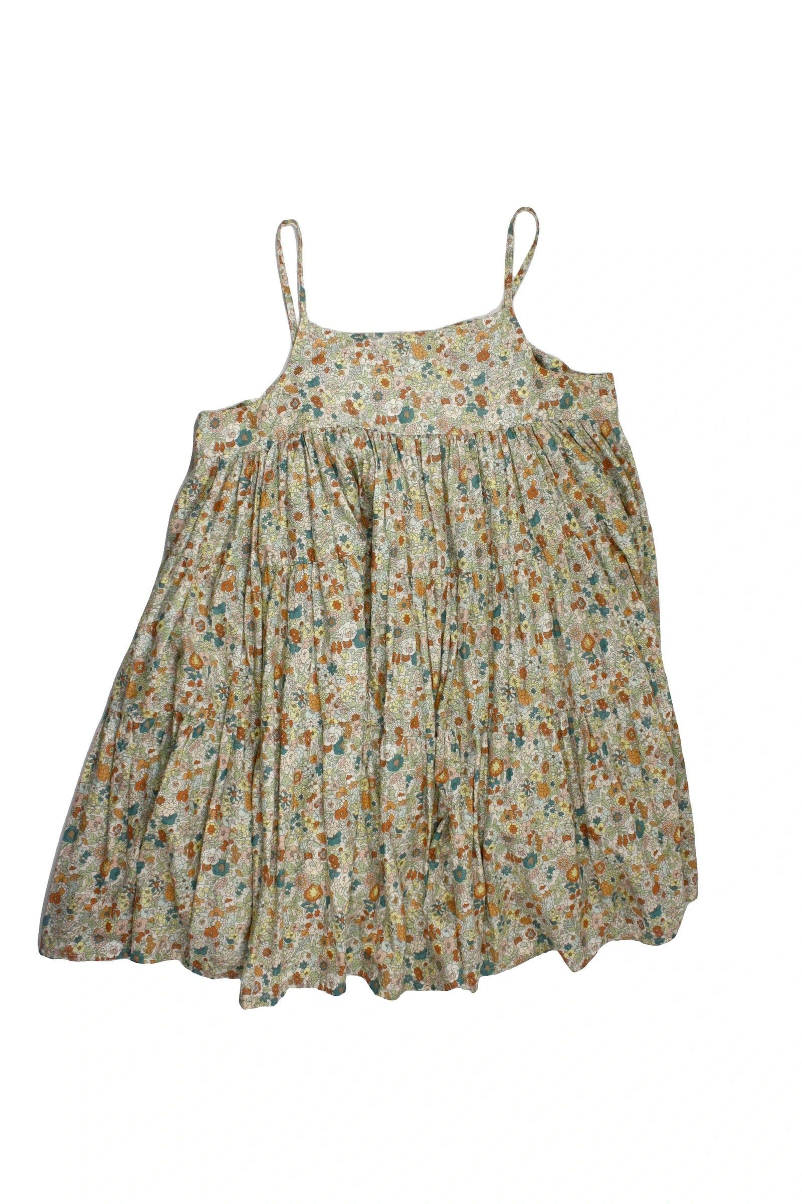 Shelter Designer Women's Orange/Cream/Yellow/Blue Cotton Flower Pattern Mini Length Gathered Tiers Spaghetti Strap Dress – Size L