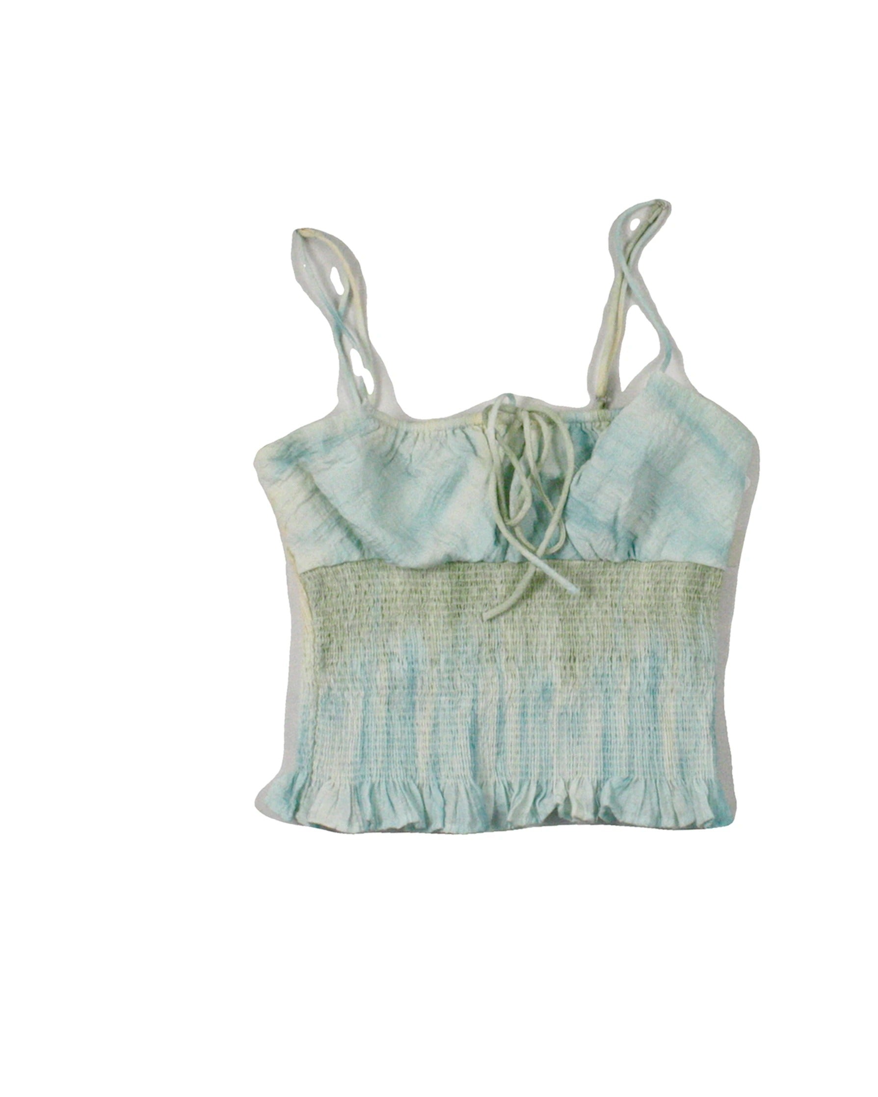 Zara Women's Light Blue/Light Green/Beige Tie-Dye Pattern Waist Smocking Neck Tie Spaghetti Strap Top – Size XS