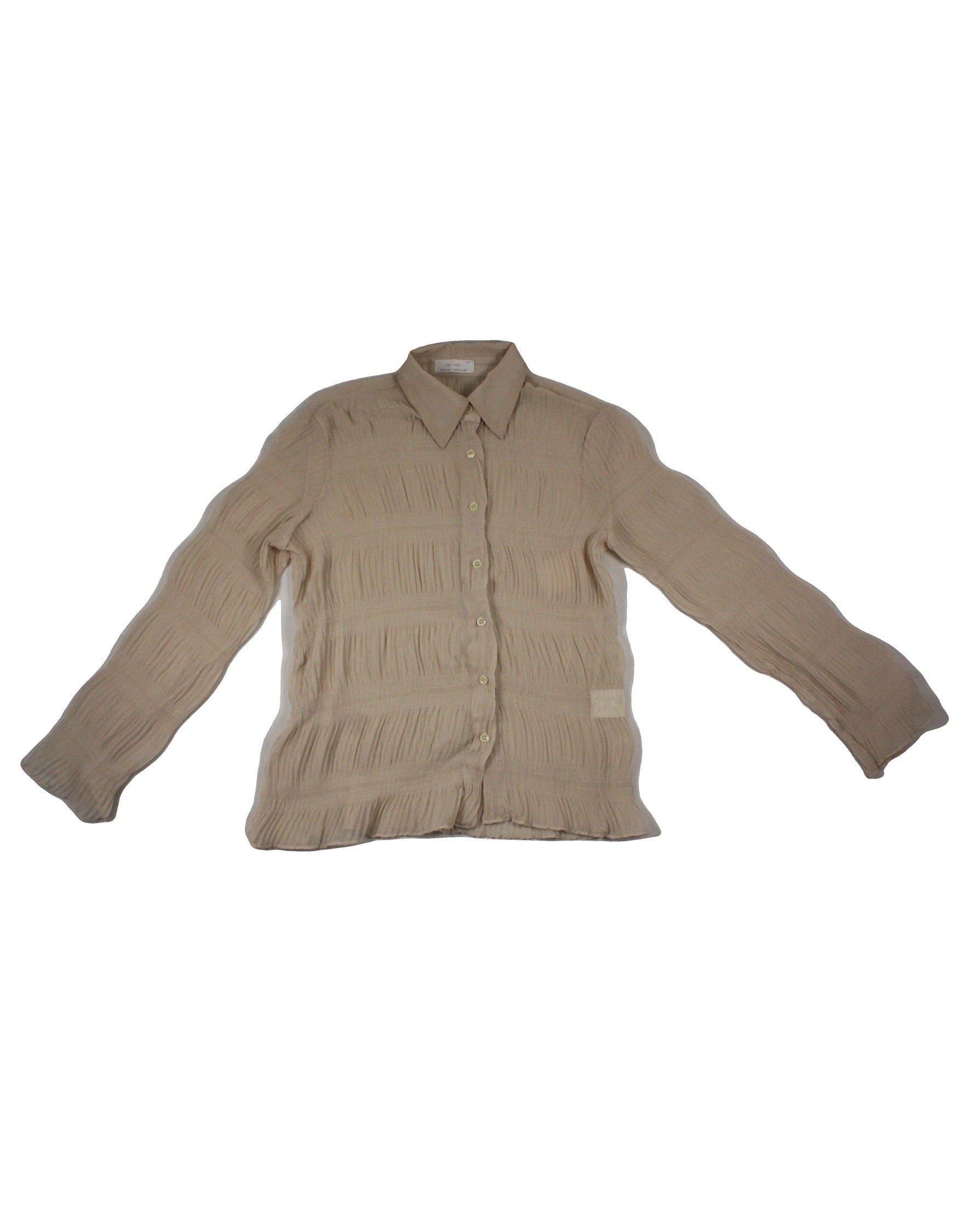 Oak + Fort Women's Beige Pleats Shiny Buttons Sheer Fabric Horizontal Stripes Long Sleeve Shirt – Size One Size