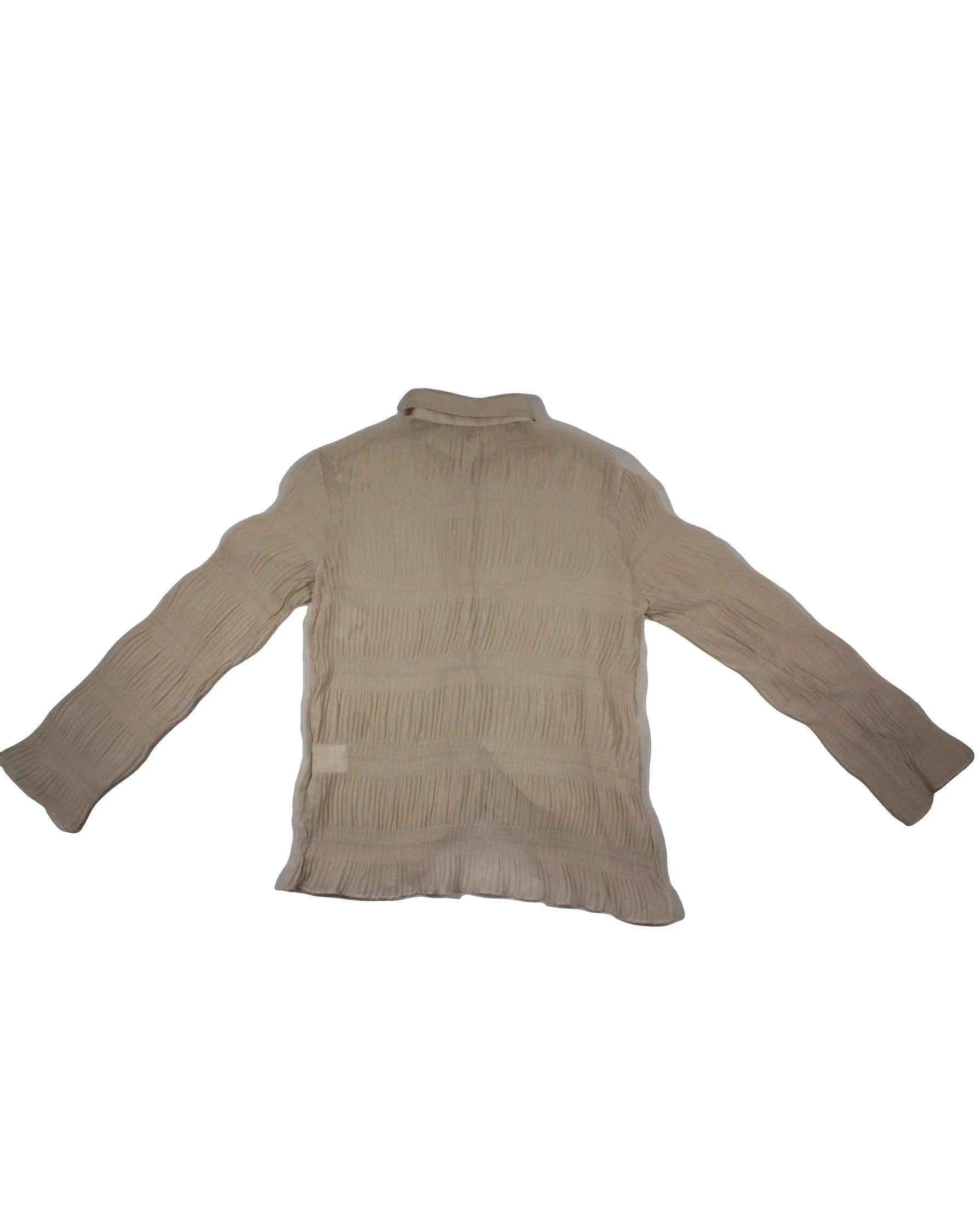 Oak + Fort Women's Beige Pleats Shiny Buttons Sheer Fabric Horizontal Stripes Long Sleeve Shirt – Size One Size