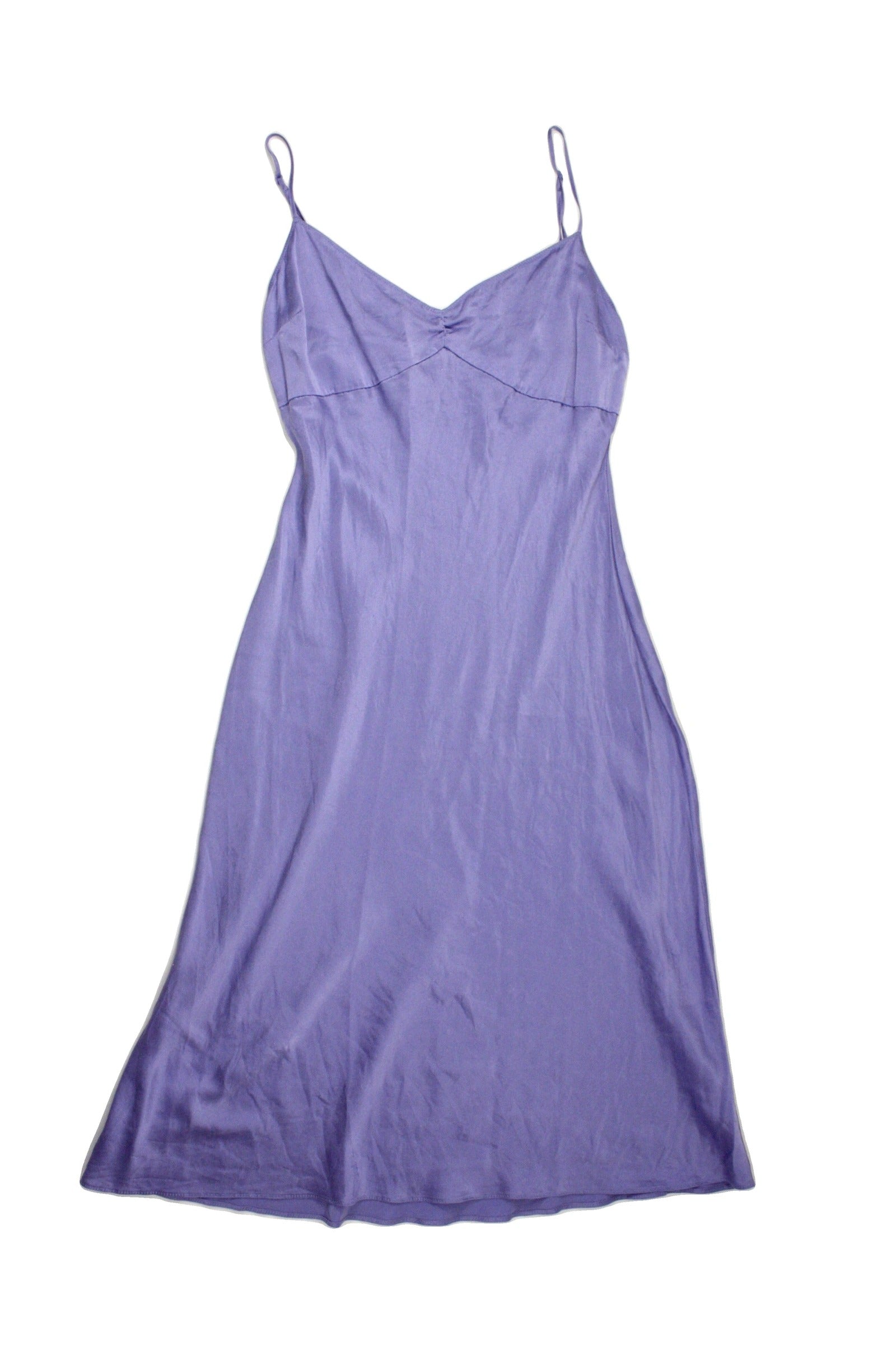 Sunday Best Women's Purple Silk Ruched V-Neck Maxi Length Sheen Finish Spaghetti Strap Dress – Size L