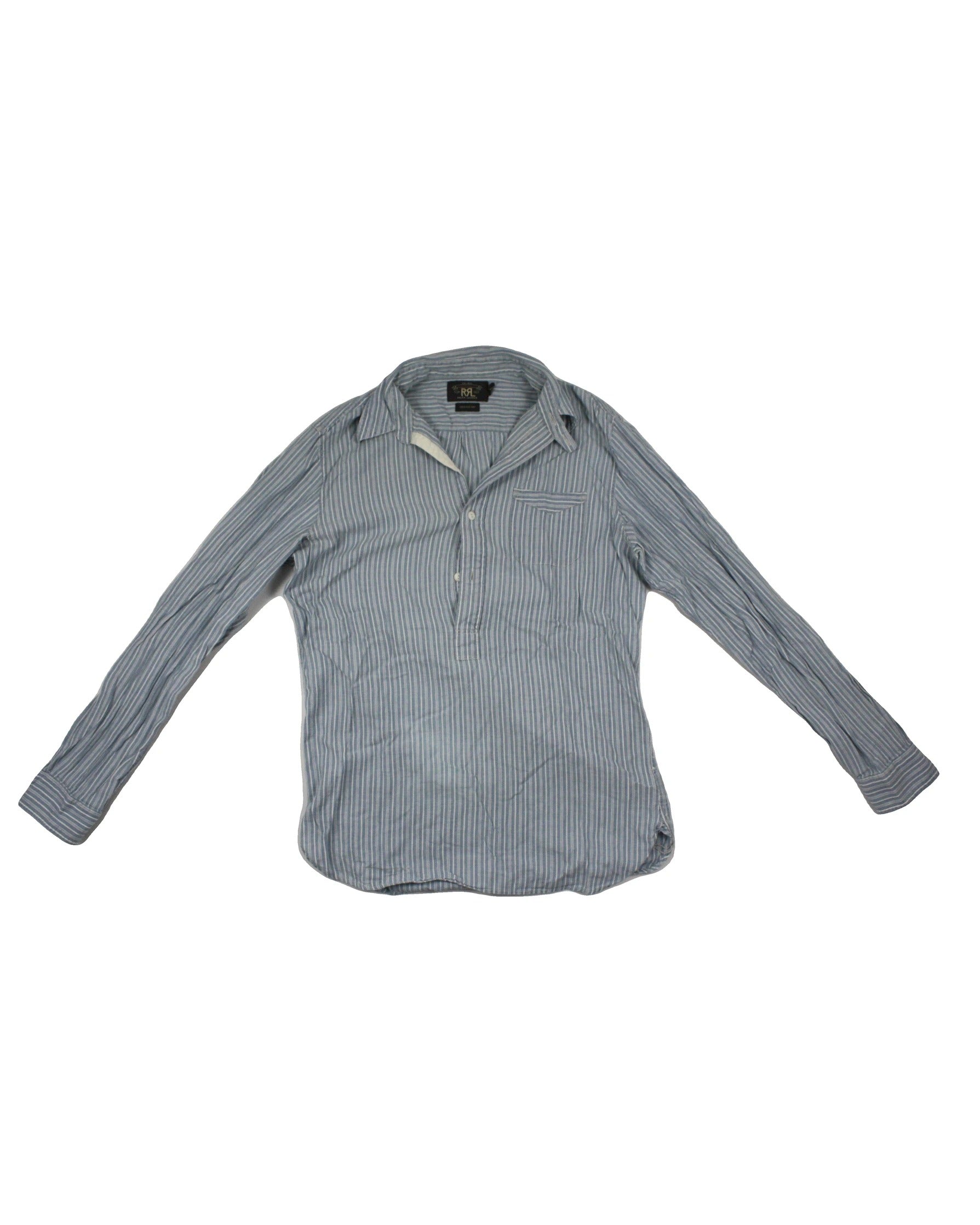 Double RL Ralph Lauren Designer Men's Blue/White Striped Pattern Half Button Front One Pocket Long Sleeve Top – AS IS, Size S