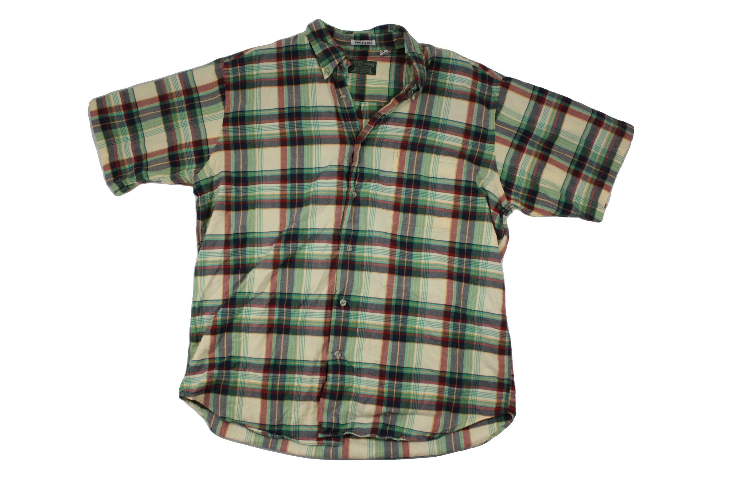 Post & Rail Men's Cream/Turquoise/Navy/Yellow Cotton Plaid Pattern One Pocket Back Yoke Short Sleeve Shirt – Size L