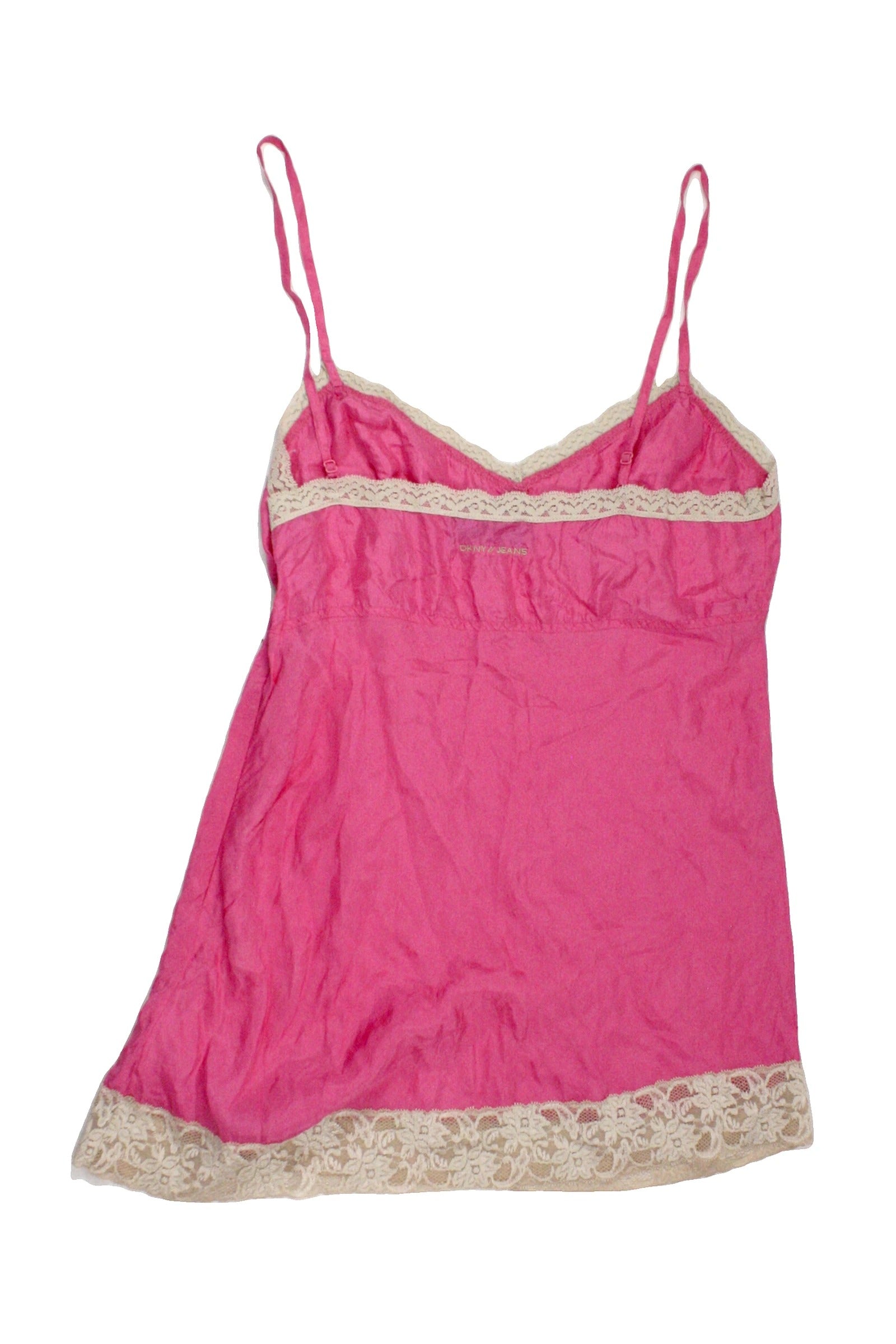 DKNYJeans Women's Magenta/Cream V-Neckline Lace Trim Ruched Chest Side Zip Closure Sleeveless Top