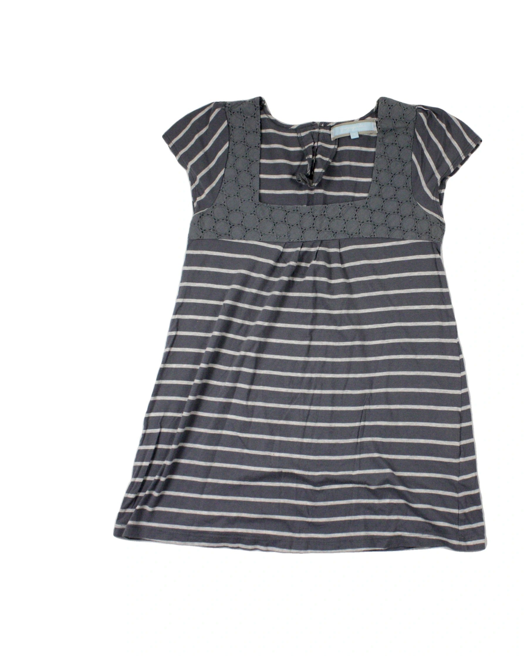 Propaganda Women's Dark Gray/Light Gray Square Neckline Eyelet Top Detail Horizontal Stripes Short Sleeve Top