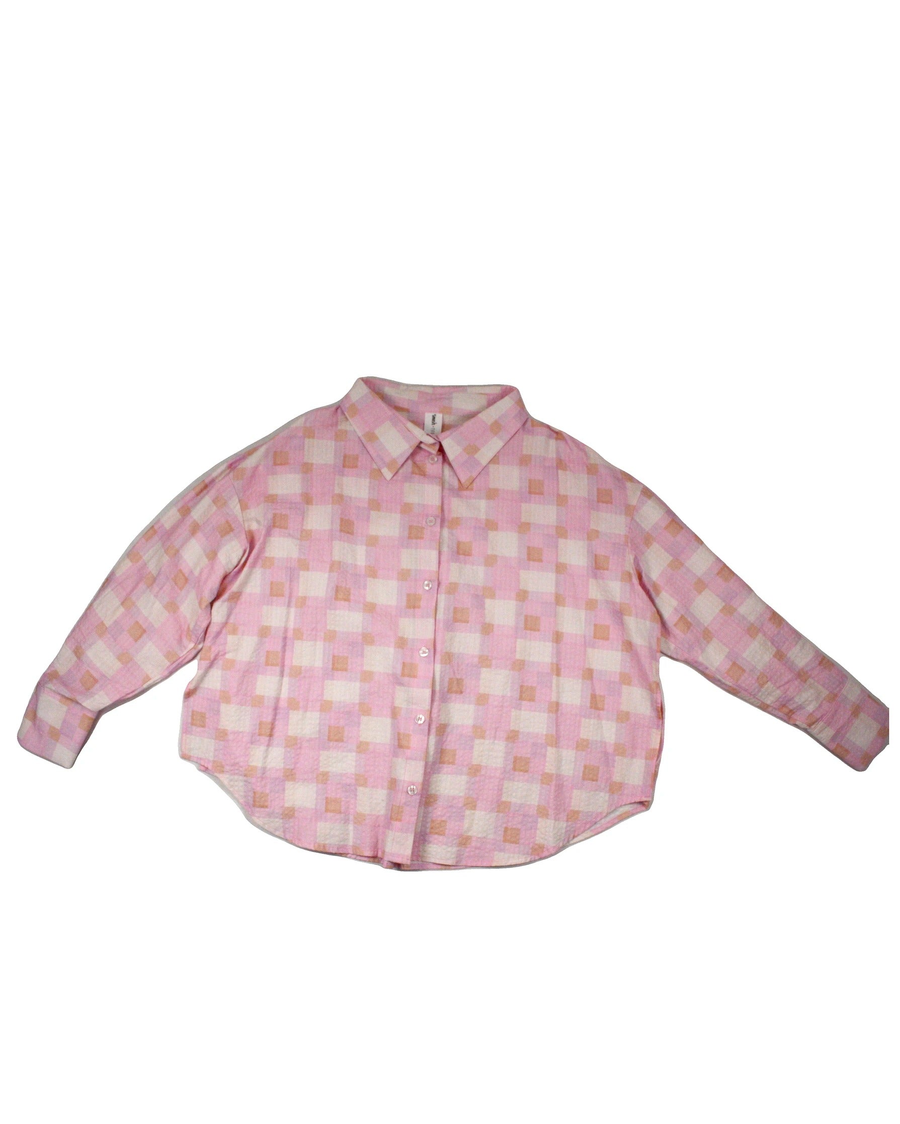 Smash + Tess Women's Pink/Peach/Purple Abstract Pattern Rounded Hem Boxy Fit Long Sleeve Shirt – Size M