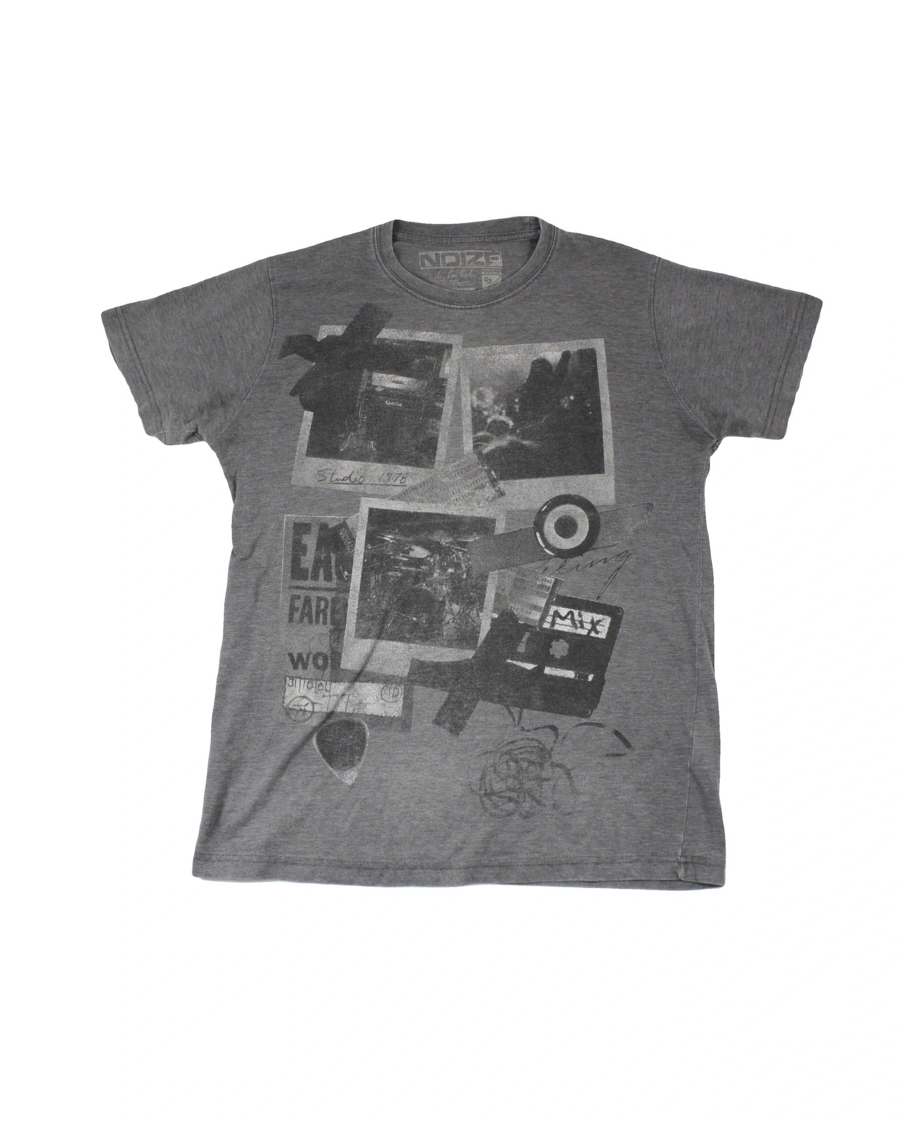 Noize Women's Gray Stereo Graphic Round Neckline Distressed Detail Short Sleeve Top – Size S