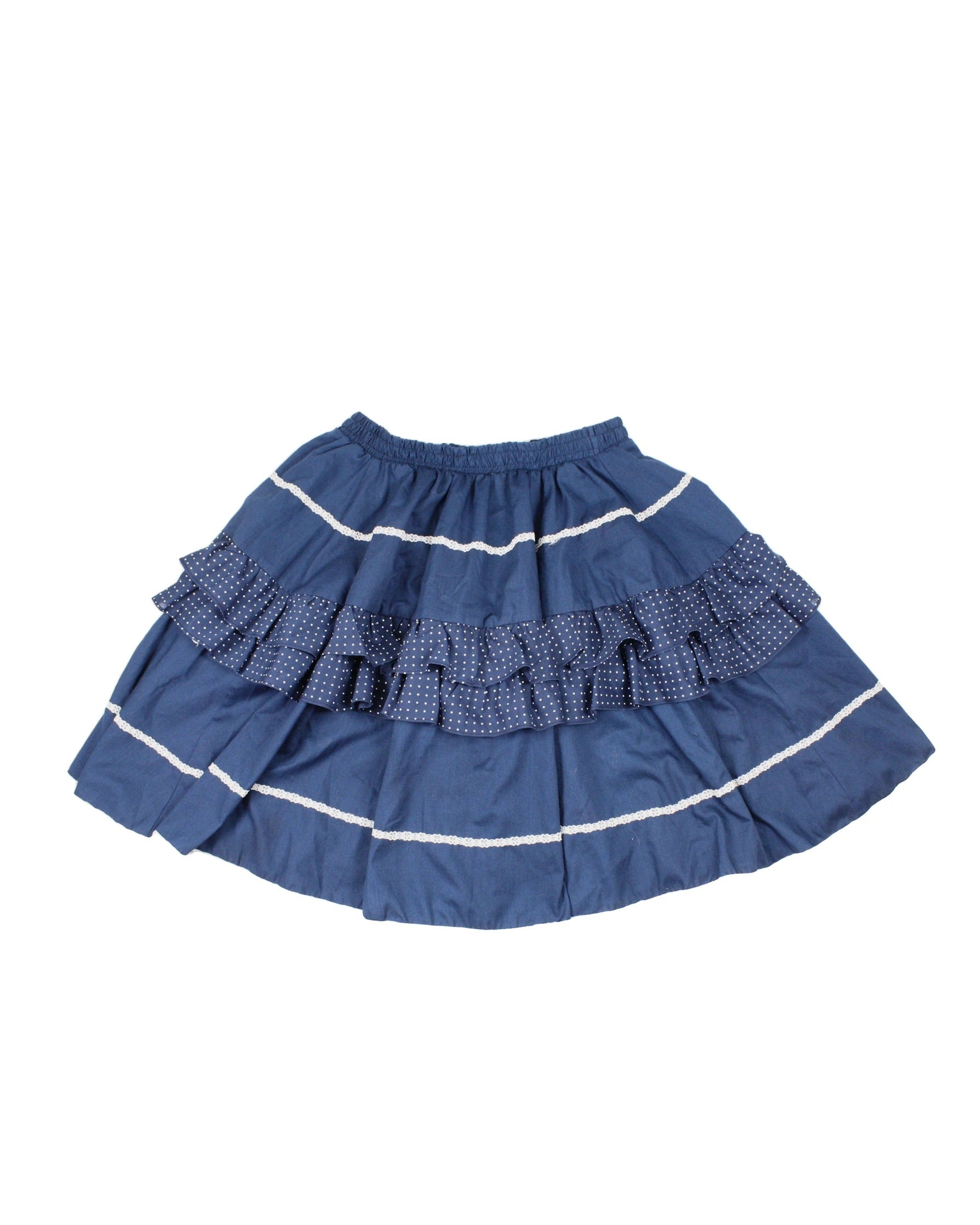 Fashions By Betty E Women's Blue/White Polka Dot Pattern Lace Trim Midi Length Tiered Design Skirt – AS IS, Waist 28