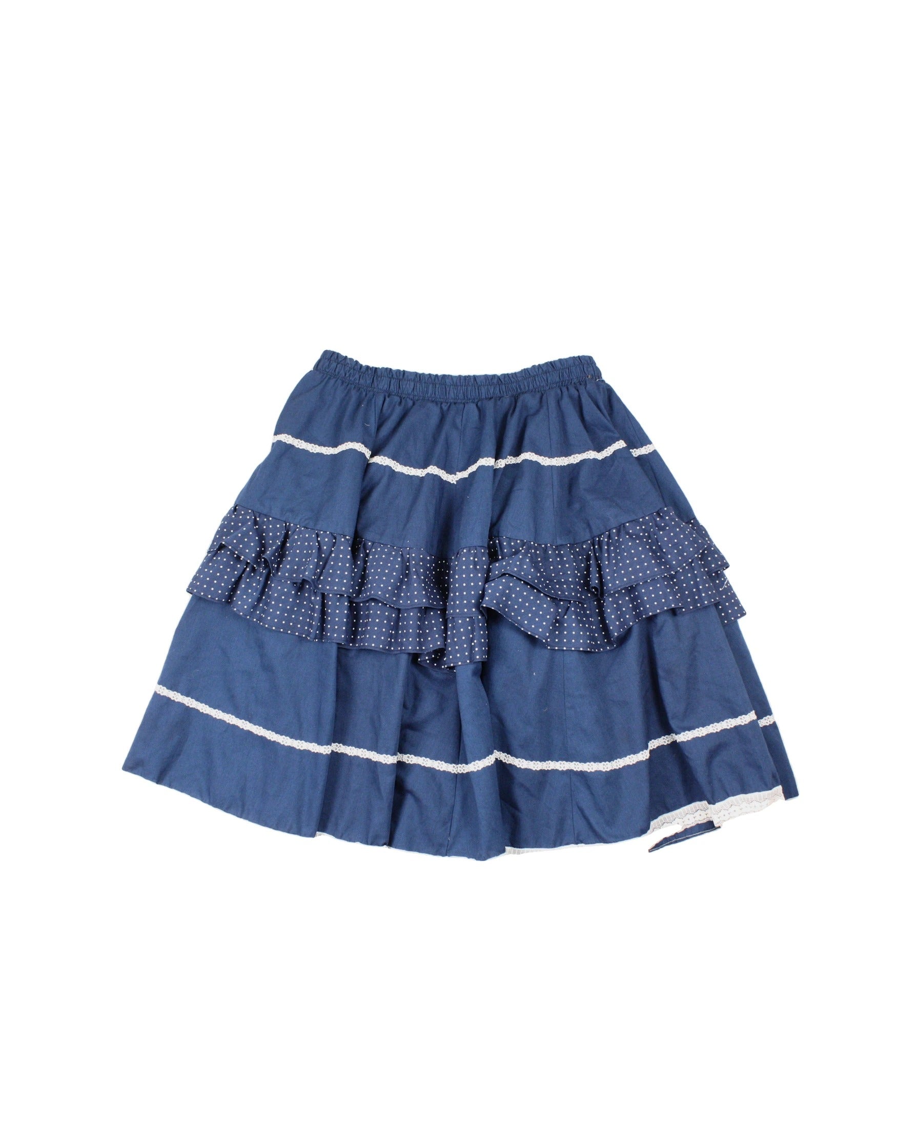 Fashions By Betty E Women's Blue/White Polka Dot Pattern Lace Trim Midi Length Tiered Design Skirt – AS IS, Waist 28