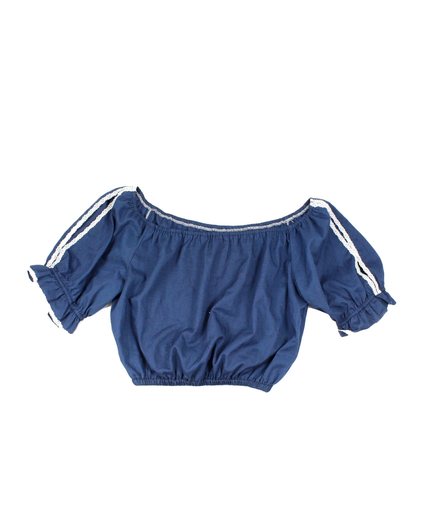Fashions By Betty E Women's Blue/White Lace Trim Milkmaid Short Sleeve Top – Size L