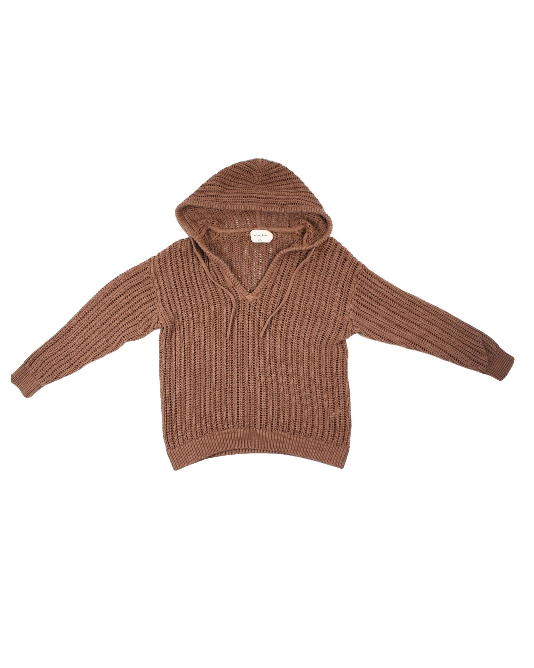 Wilfred Free Women's Brown V-Neckline Medium Knit Hood Ribbed Trim Long Sleeve Sweatshirt – Size 2XS