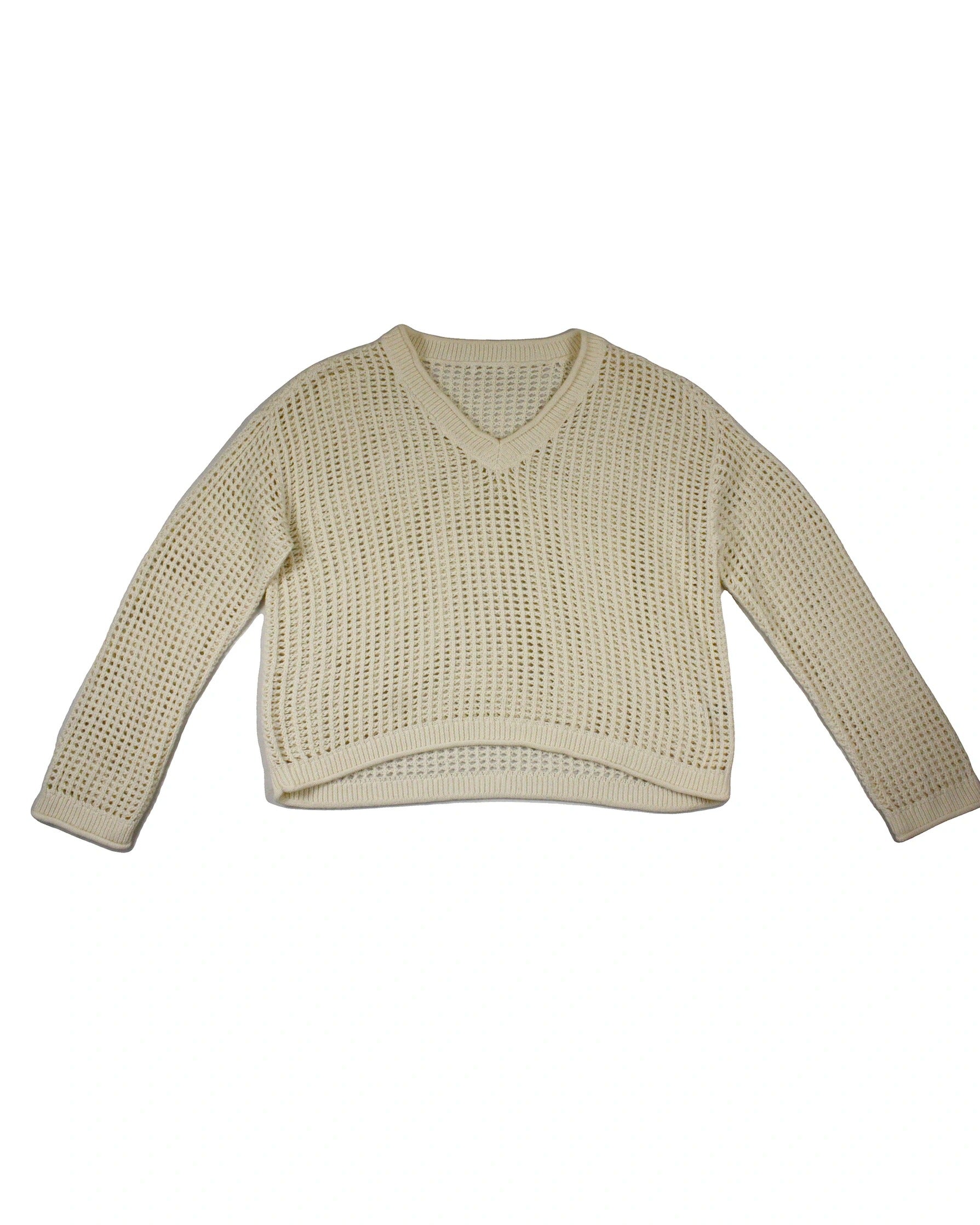 No Brand Women's Cream Medium Knit V-Neckline Open Knit Ribbed Trim Long Sleeve Sweater