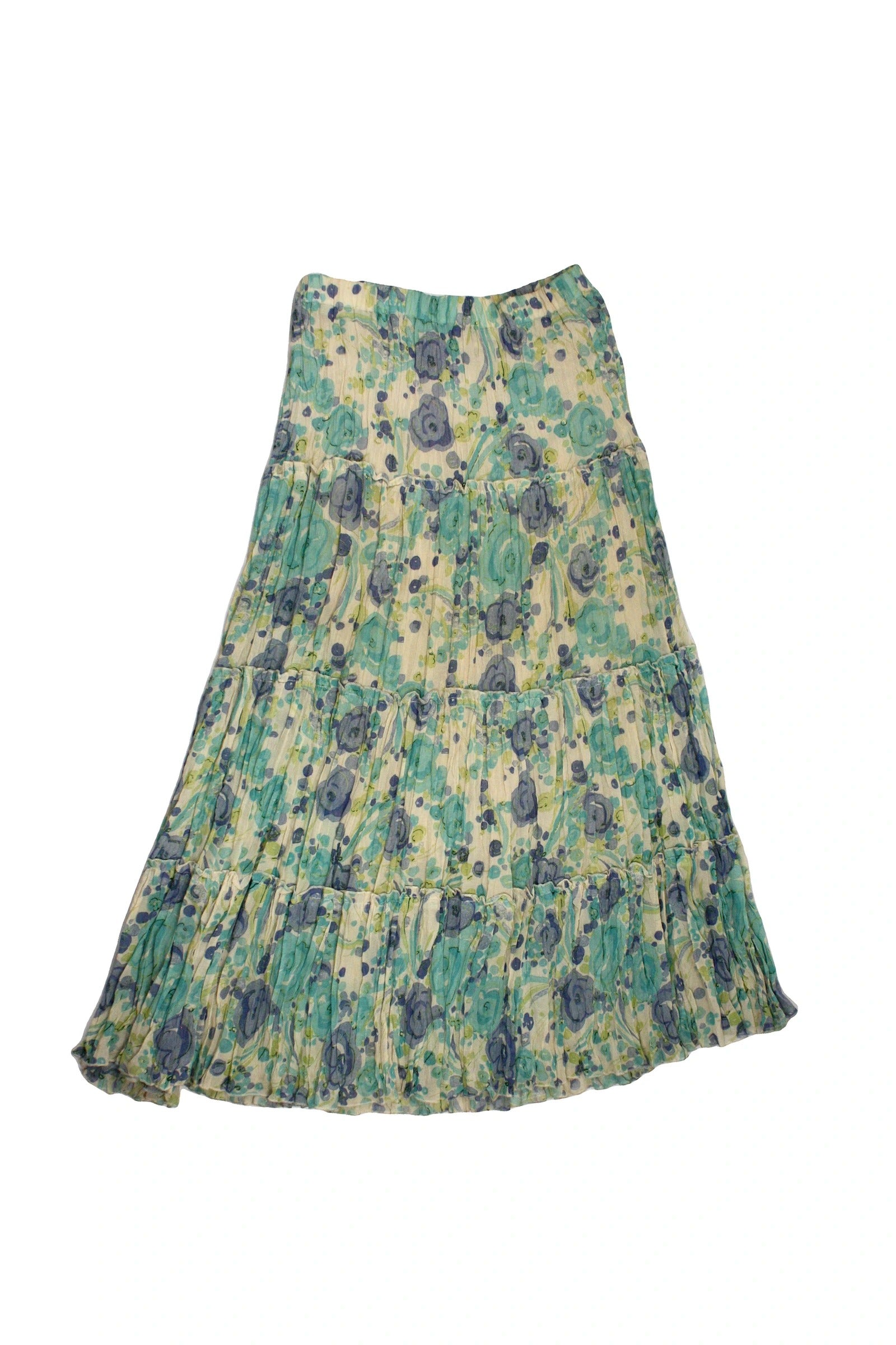 Bellessa Women's Green/Tan/Blue Abstract Floral Print Maxi Length Pleated Stretch Waistband Skirt – AS IS, Waist 26