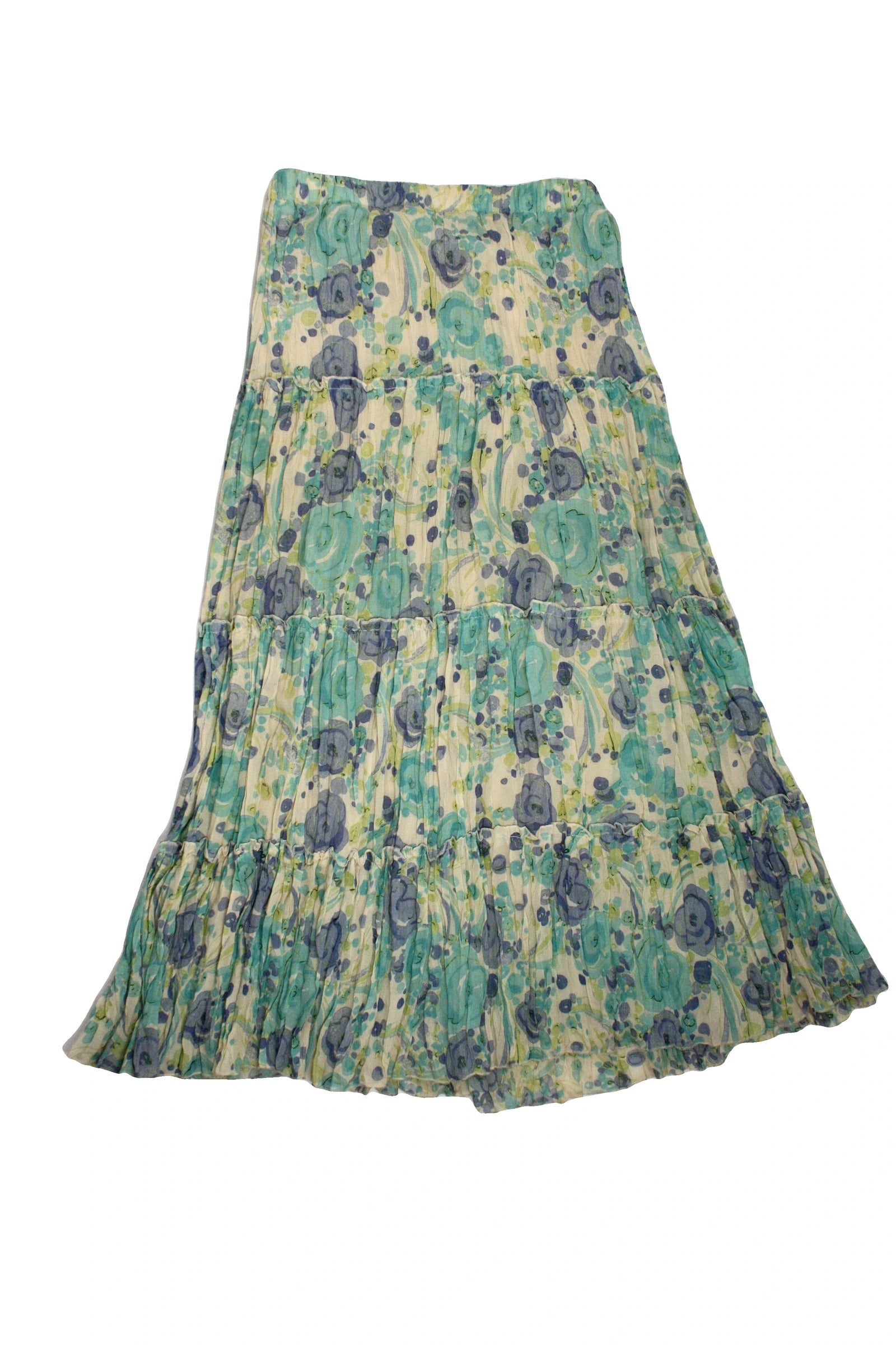 Bellessa Women's Green/Tan/Blue Abstract Floral Print Maxi Length Pleated Stretch Waistband Skirt – AS IS, Waist 26