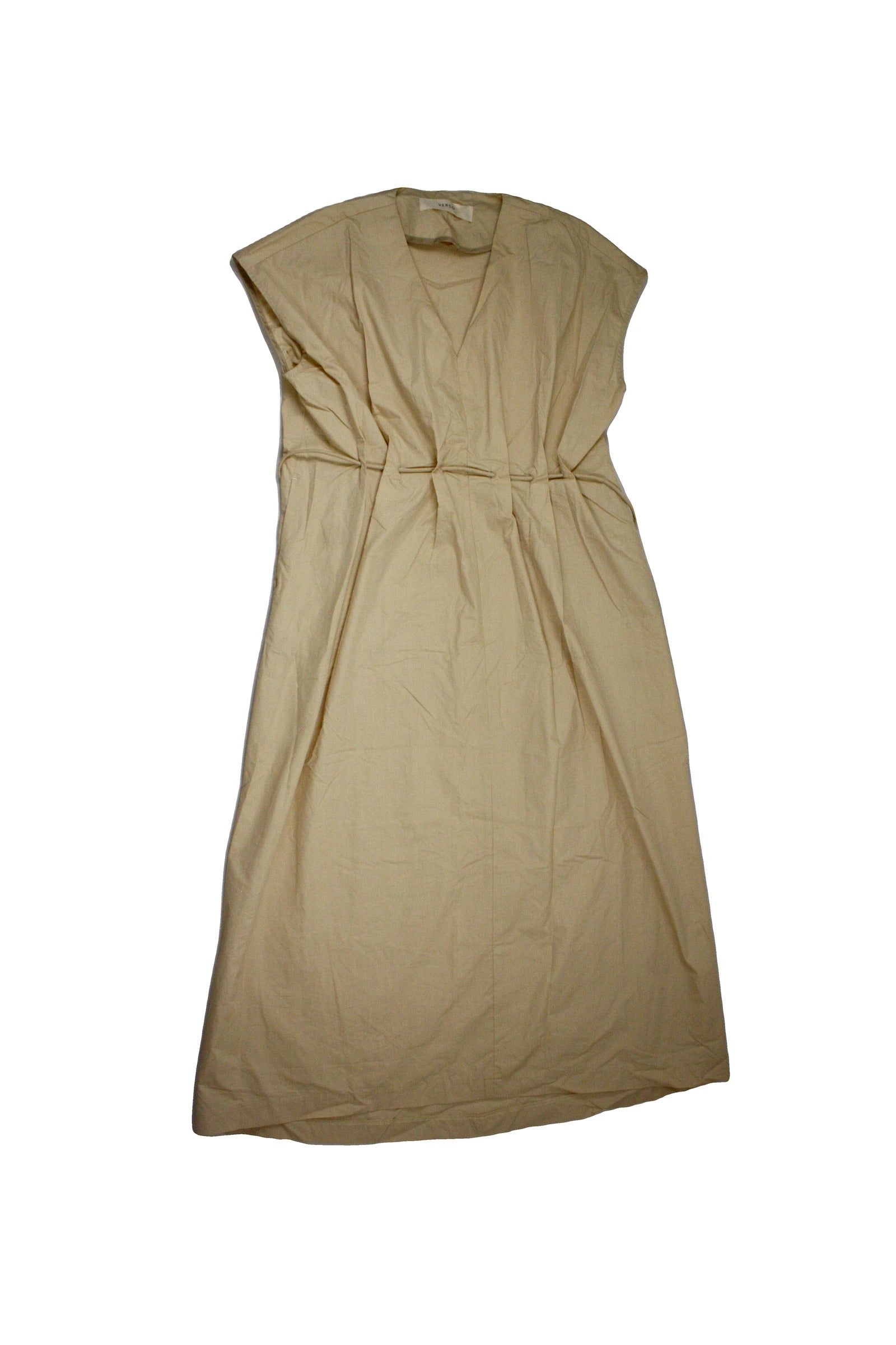 Verso Women's Beige V-Neckline Pleats Midi Length Drawstring Waist Sleeveless Dress