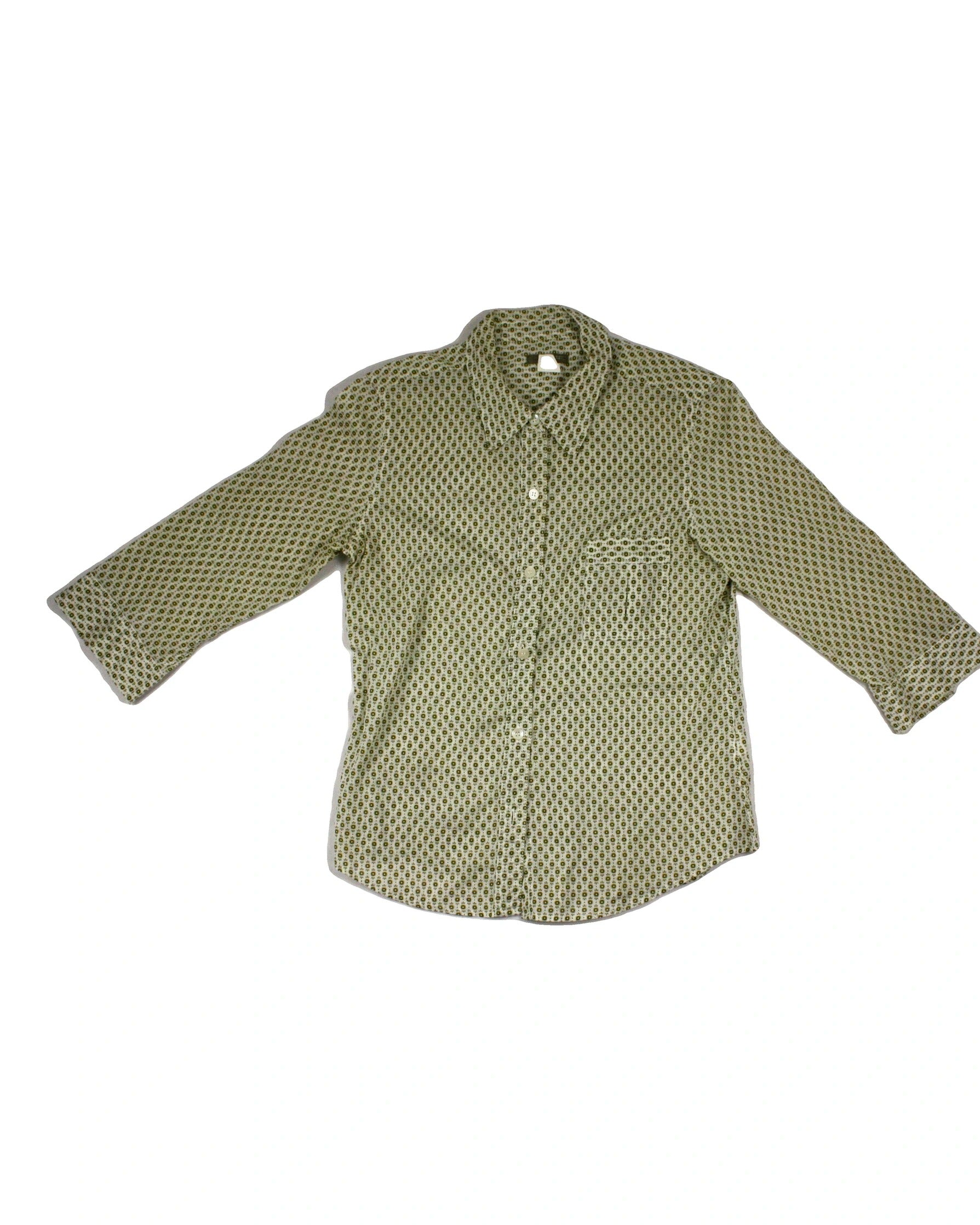 J.Crew Women's Light Yellow/Green Cotton Burst Pattern One Pocket Back Yoke 3/4 Sleeve Shirt – Size M