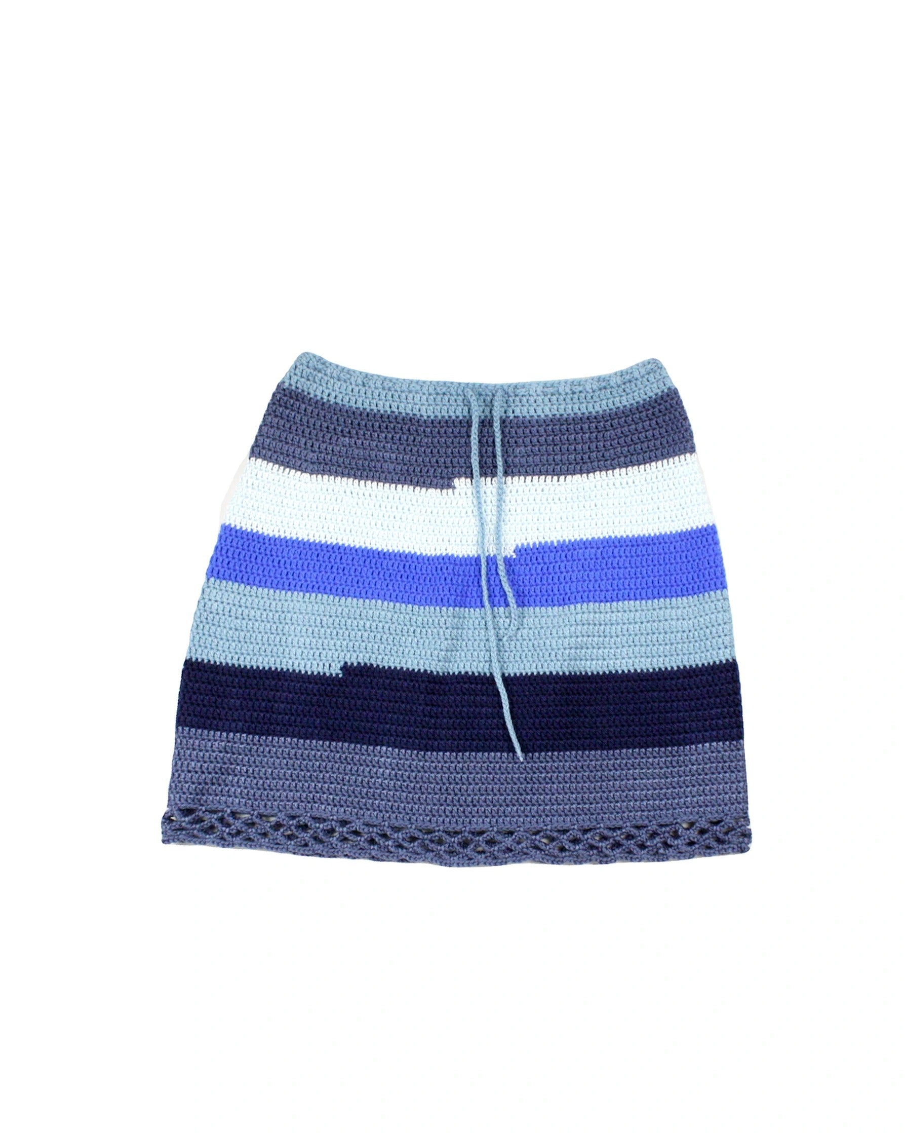 No Brand Women's Blue/Turquoise/Navy/Dark Blue Mini Length Open Knit Hem Horizontal Stripes Drawstring Waist Skirt – Waist 27