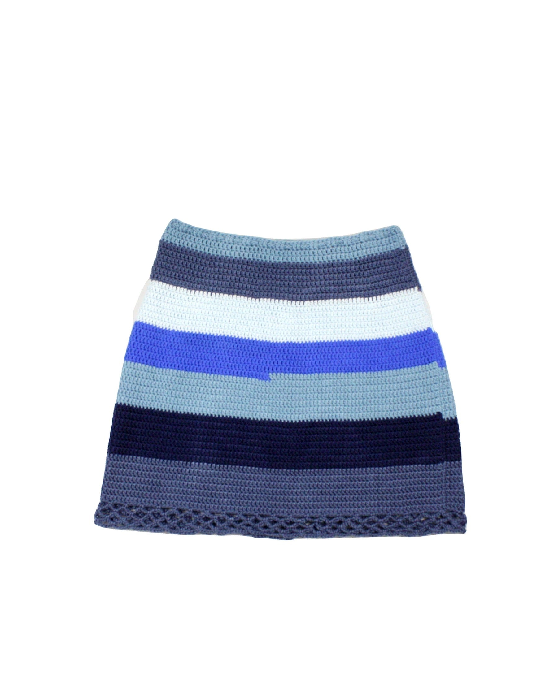 No Brand Women's Blue/Turquoise/Navy/Dark Blue Mini Length Open Knit Hem Horizontal Stripes Drawstring Waist Skirt – Waist 27