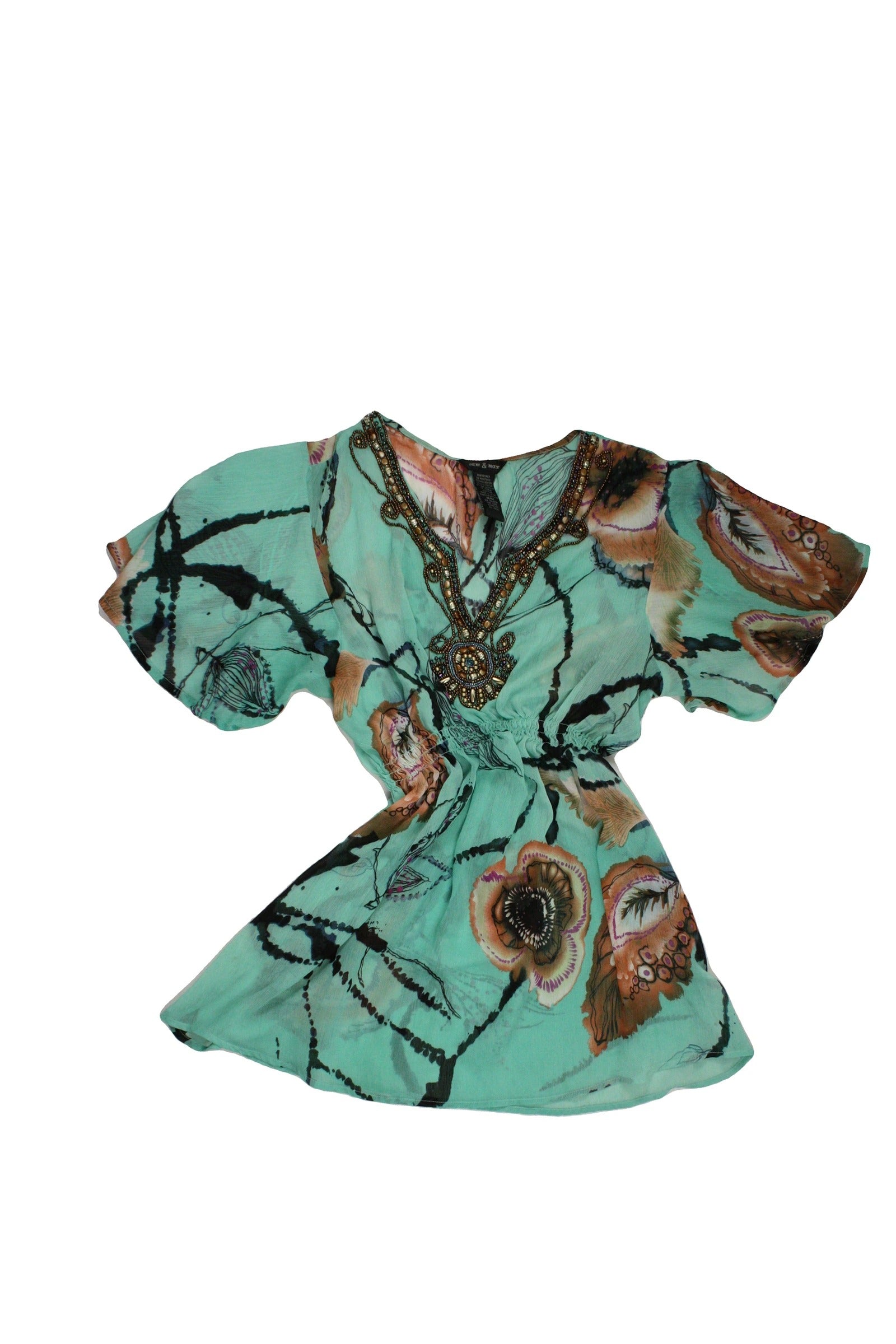 Sam&Max Women's Green/Brown/Black Abstract Print V-Neckline Front Beading Semi-Sheer Fabric Short Sleeve Top – Size M
