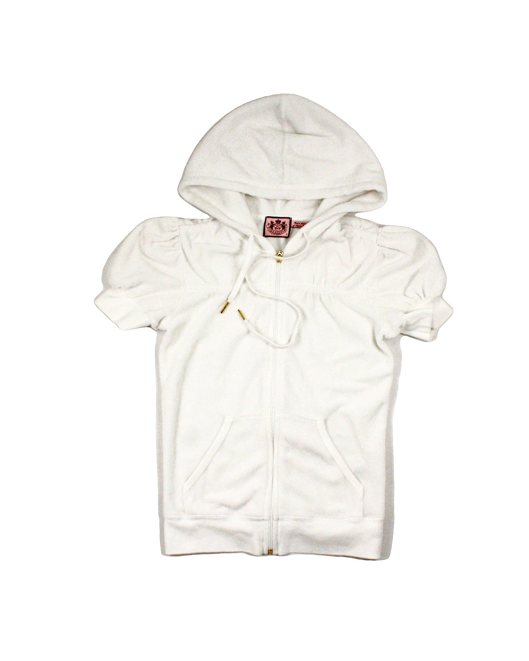 JuicyCouture Women's White Terrycloth Zip-Up Front Two Pockets W/Hd Short Sleeve Sweatshirt – Size S