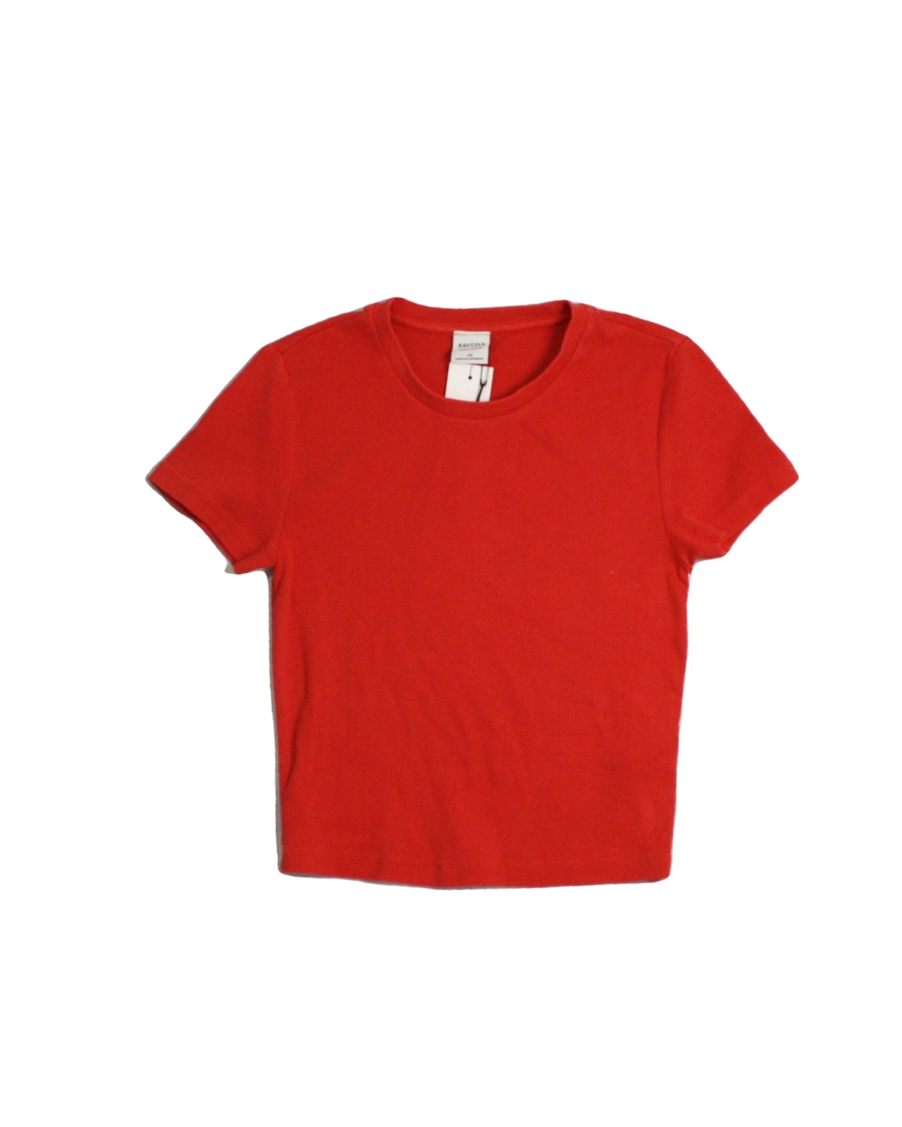 Aritzia Women's Red Rib Knit Cropped Fit Round Neckline Short Sleeve Top – New, Size XS