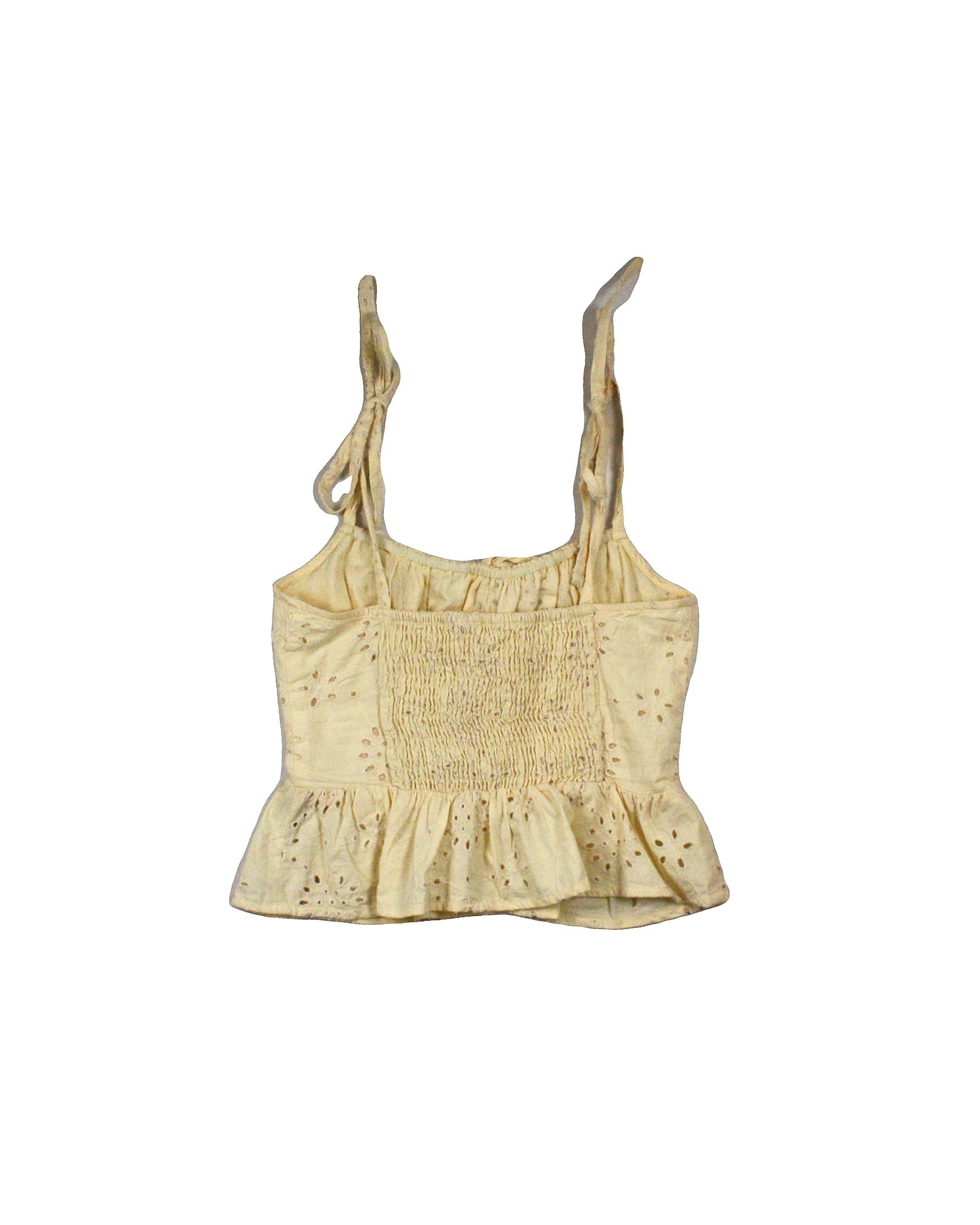 Sim & Sam Women's Yellow Eyelet Detail Peplum Hem Corset Neck Tie Spaghetti Strap Top – Size S