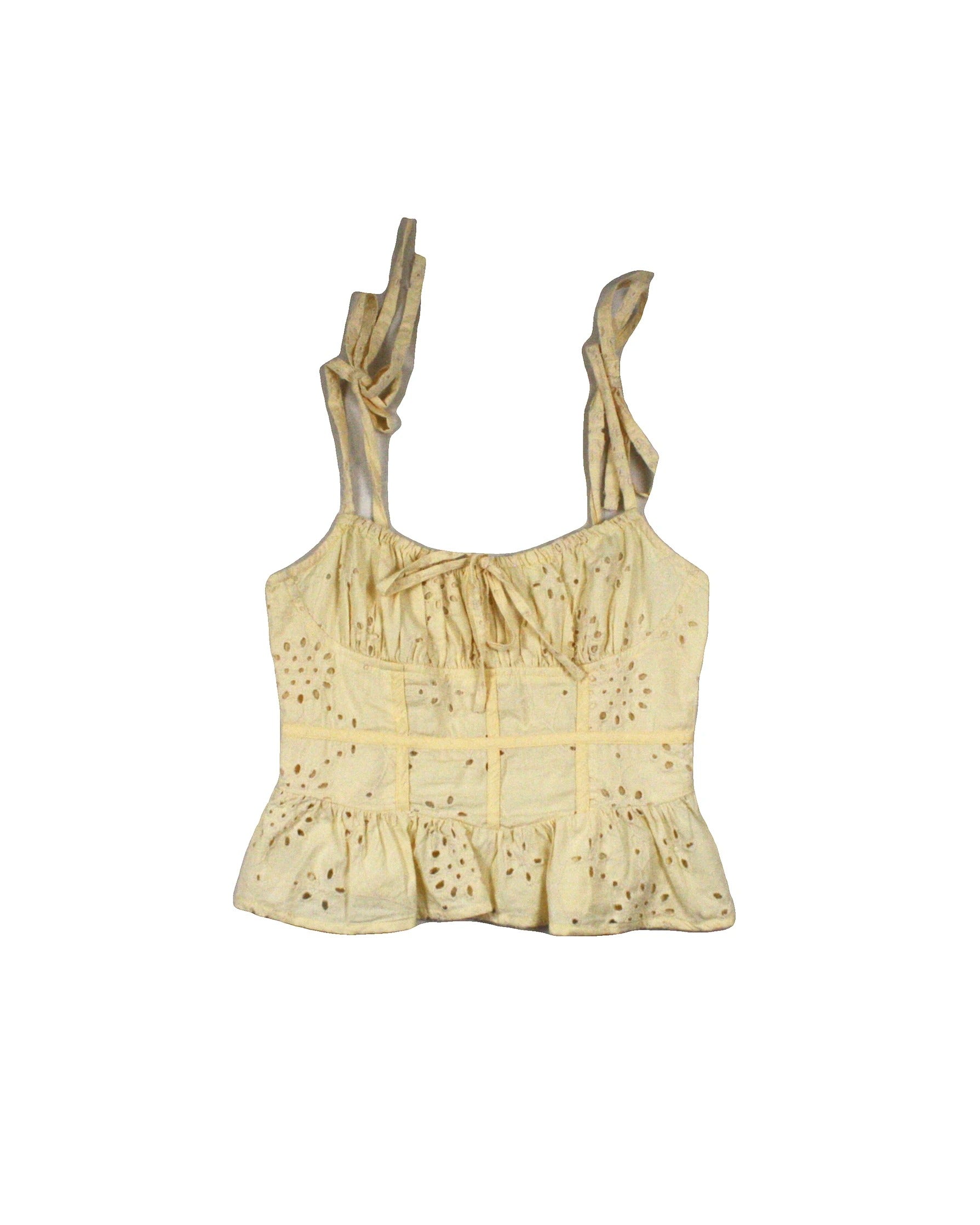 Sim & Sam Women's Yellow Eyelet Detail Peplum Hem Corset Neck Tie Spaghetti Strap Top – Size S