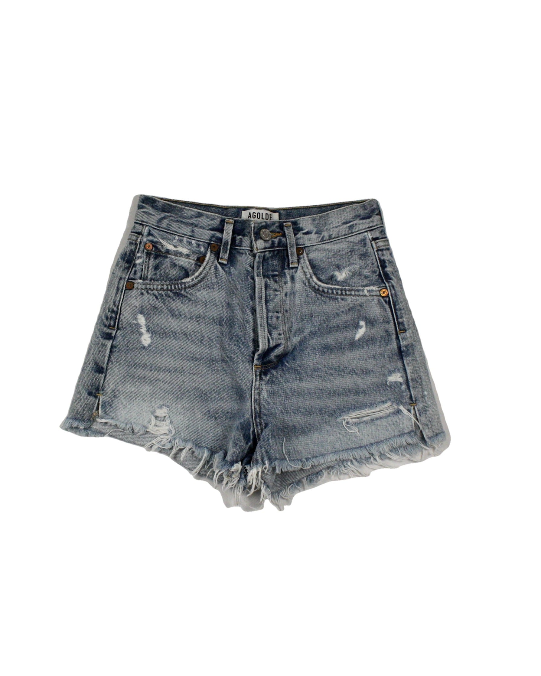 AGOLDE Women's Light Blue Distressed Detail High Waist Raw Hem Shorts – Waist 24