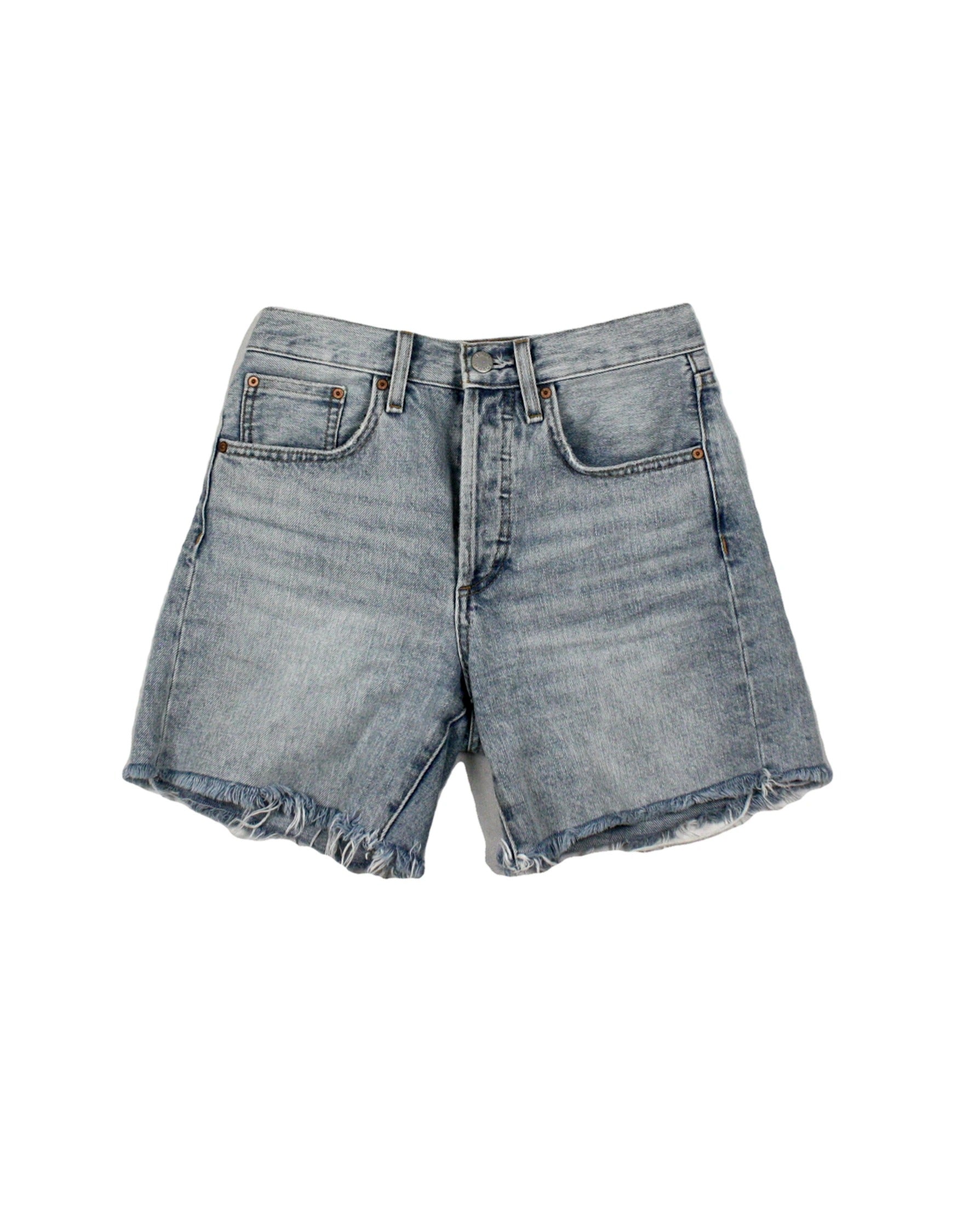 Denim Forum Women's Light Blue Button Fly Yoko High Waist Raw Seam Shorts – Waist 24