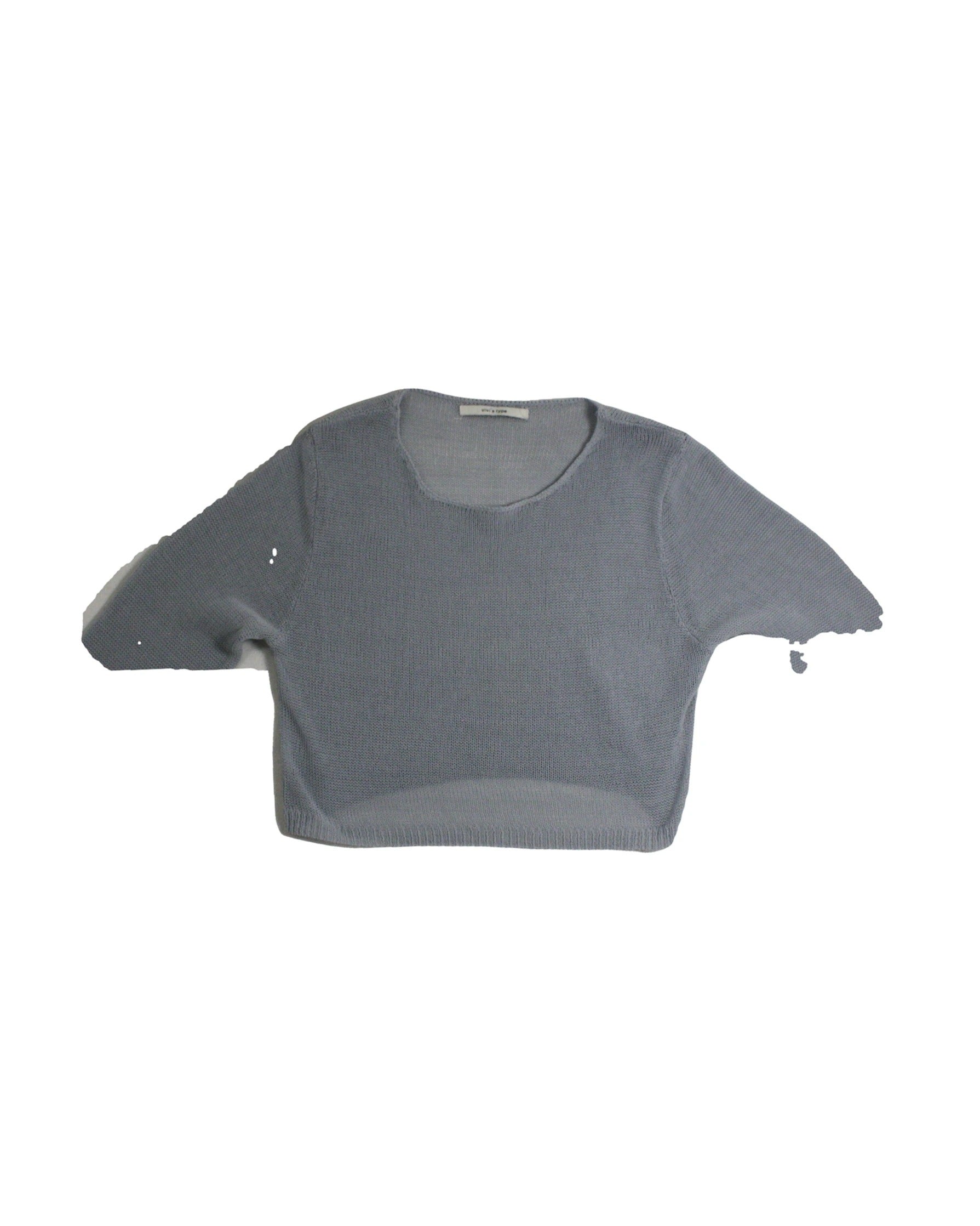 VivisType Women's Light Blue Loose Knit Cropped Fit Round Neckline Semi-Sheer Fabric Long Sleeve Sweater