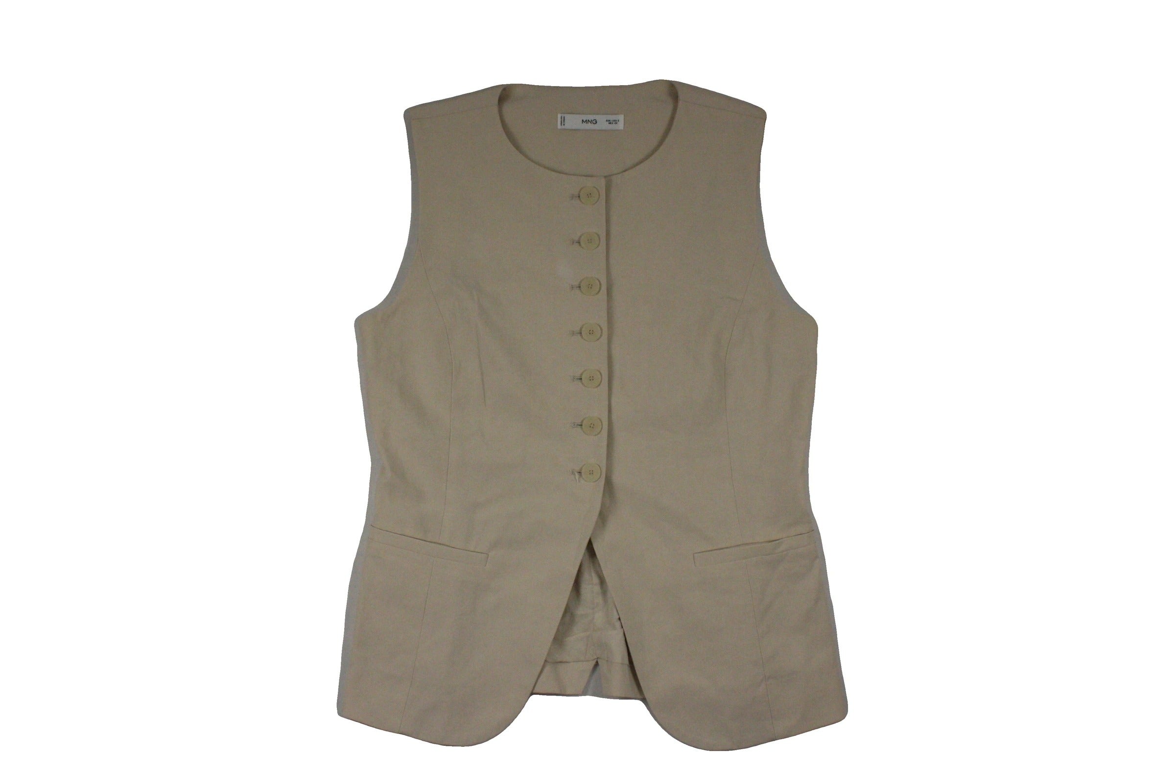Mango Women's Beige Pleats Button Front Two Pockets Round Neckline Vest