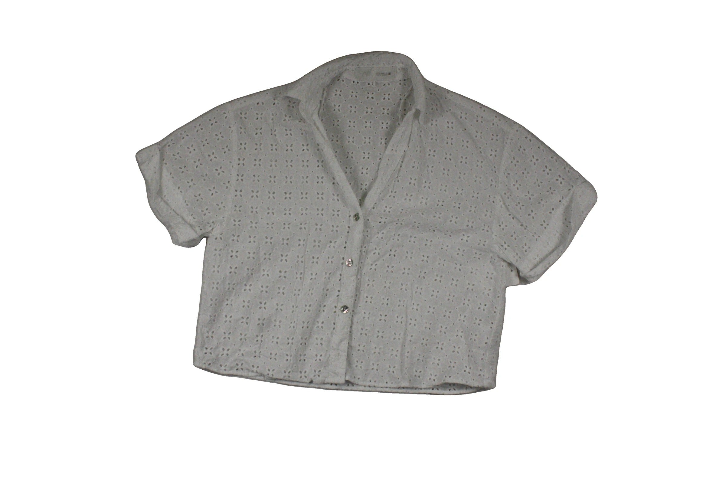 Zara Women's White Eyelet Pattern V-Neckline Shell Buttons Short Sleeve Shirt – Size XS