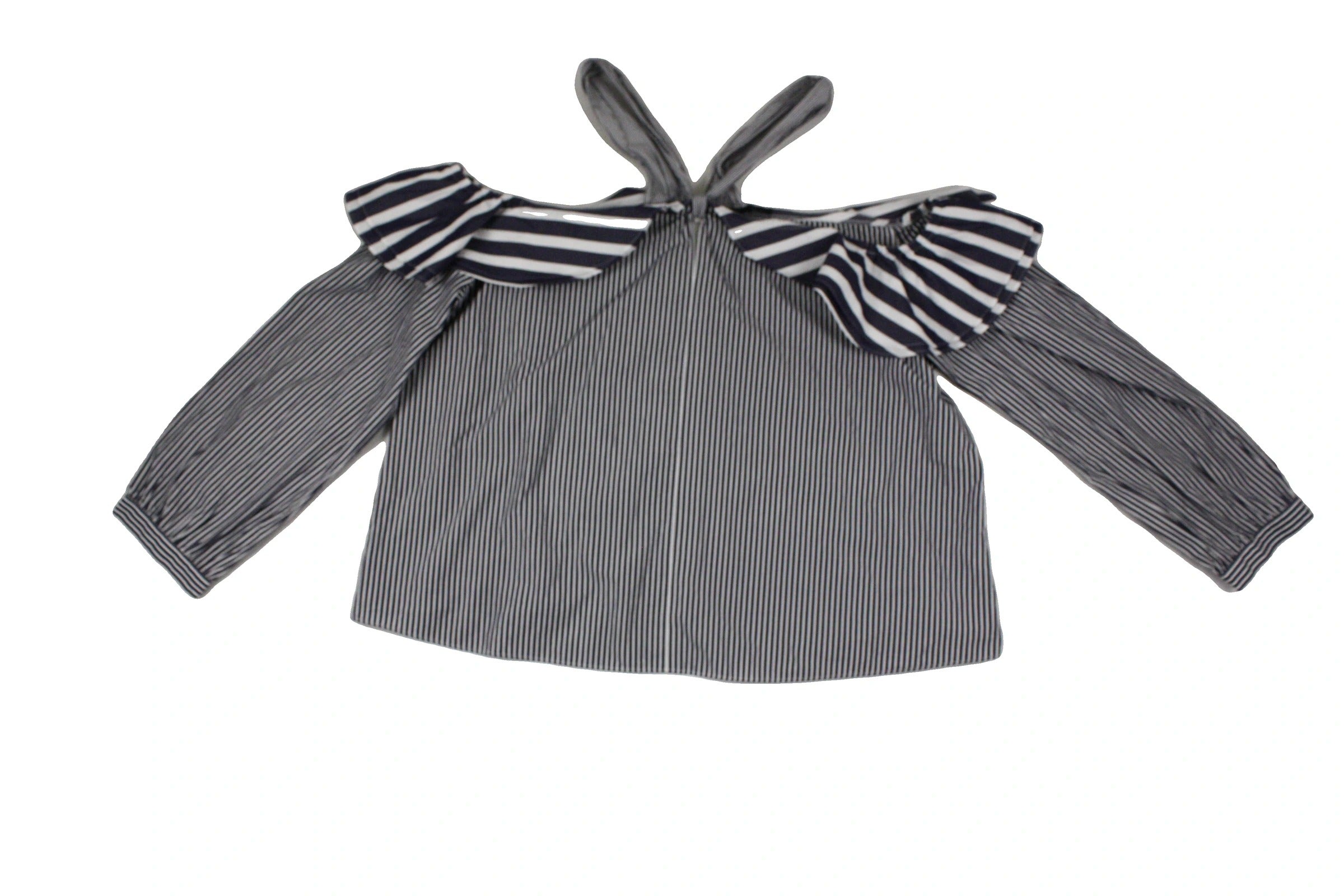 J.Crew Women's Navy/White Cotton Striped Pattern Off-Shoulder Neckline Halter Straps Long Sleeve Top