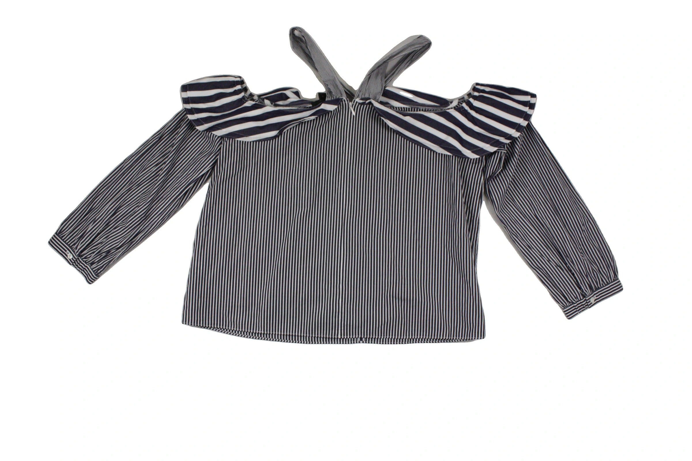 J.Crew Women's Navy/White Cotton Striped Pattern Off-Shoulder Neckline Halter Straps Long Sleeve Top