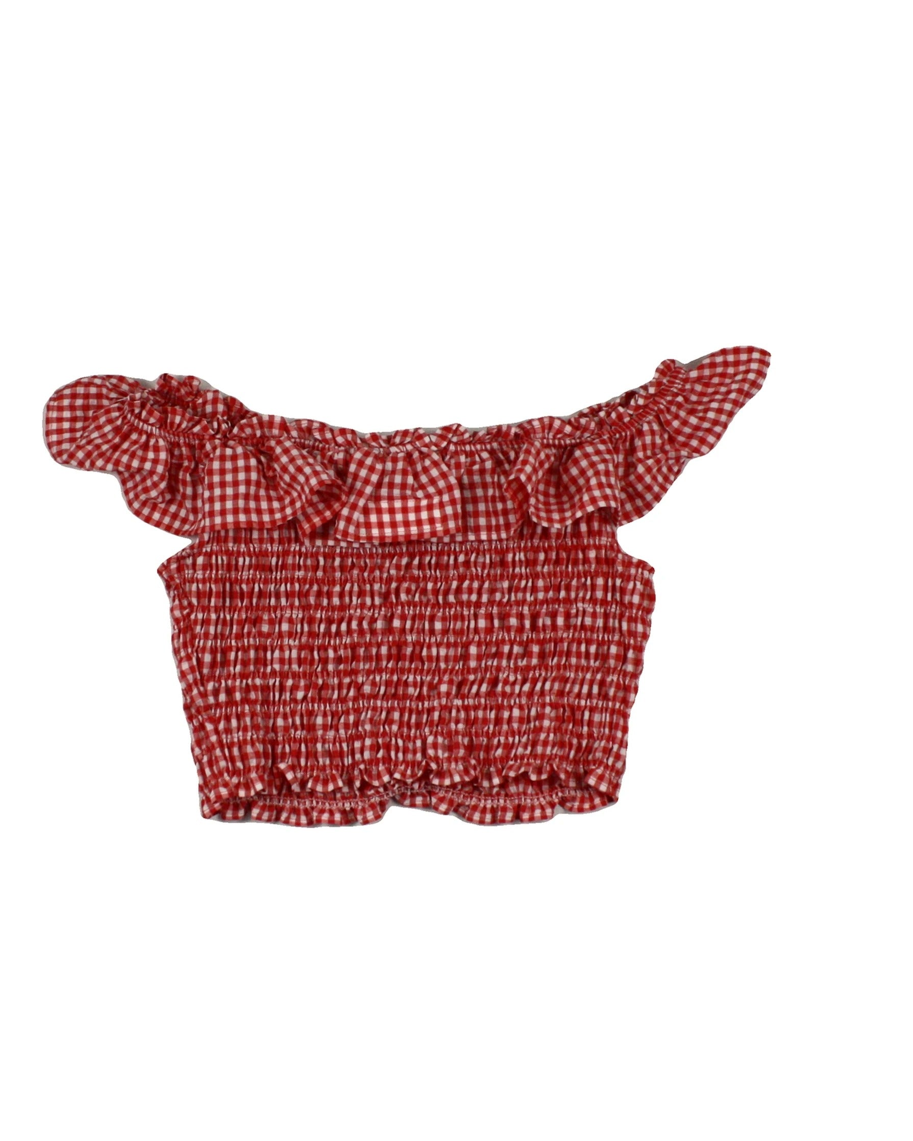 Zara Women's Red/White Gingham Pattern Off-Shoulder Neckline Top Ruffle Smocking Sleeveless Top – Size S