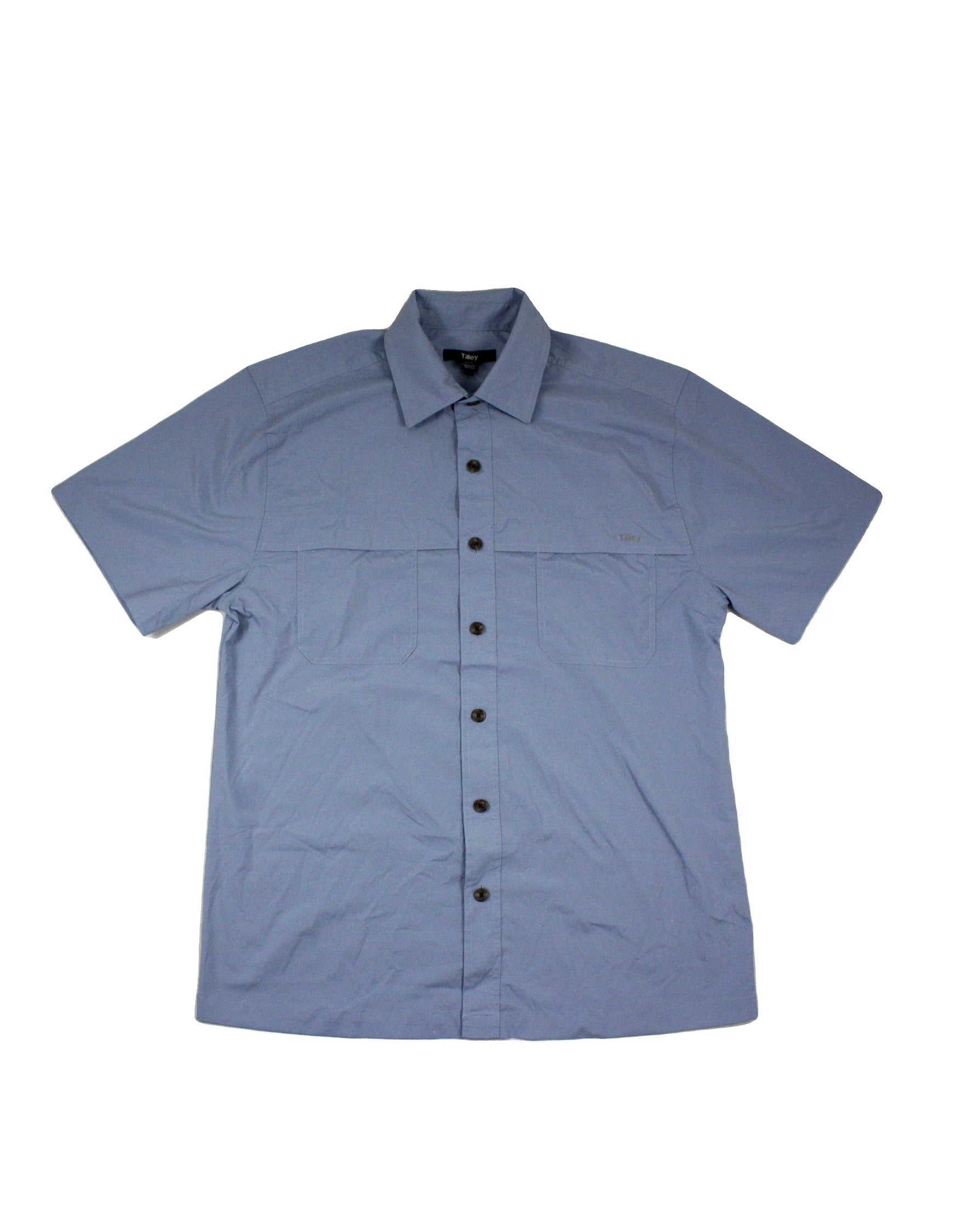 Tilley Men's Blue Tortoiseshell Buttons Two Pockets Back Yoke Short Sleeve Shirt – New, Size M