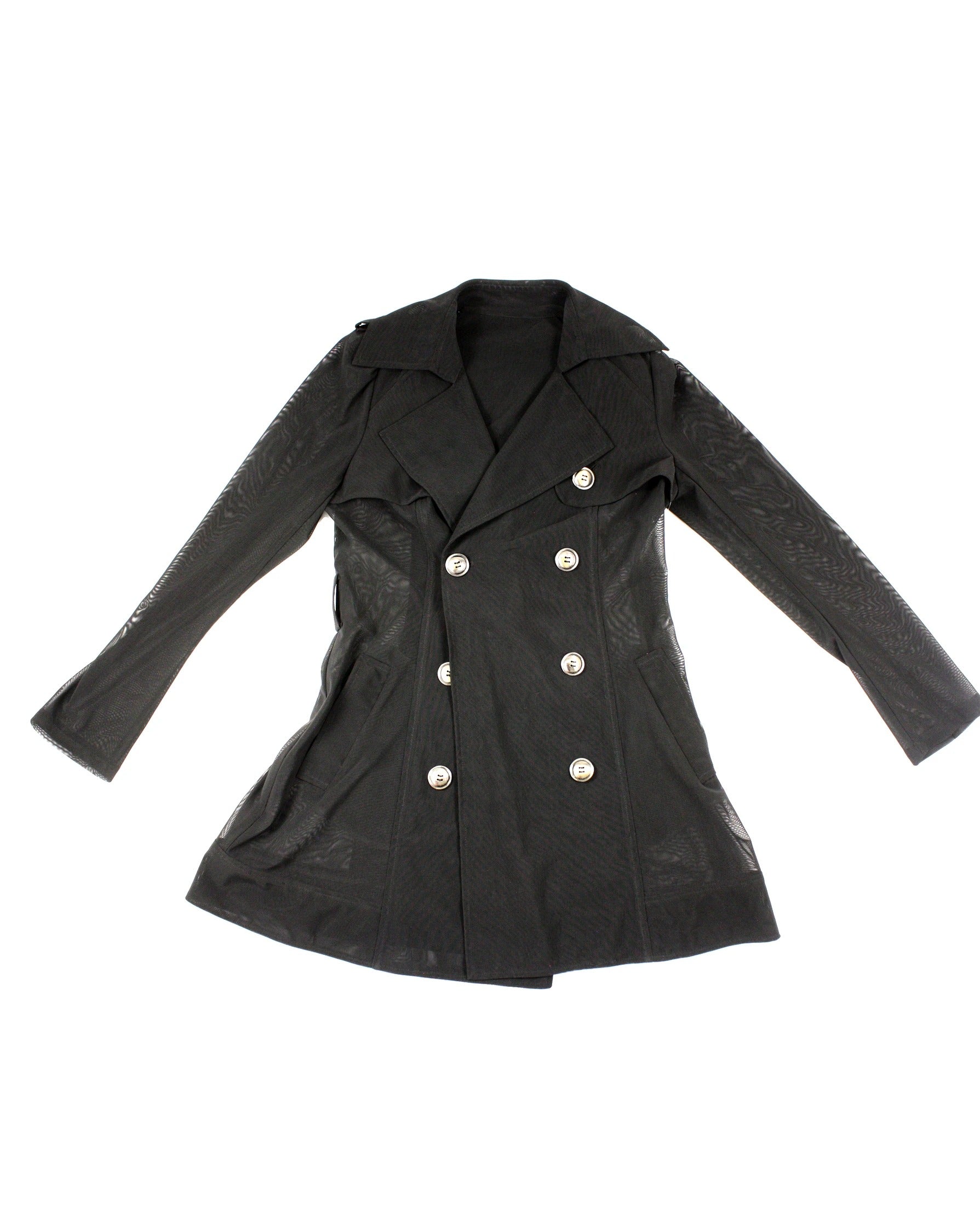 No Brand Women's Black Mesh Long Sleeve Double-Breasted Jacket with Belt