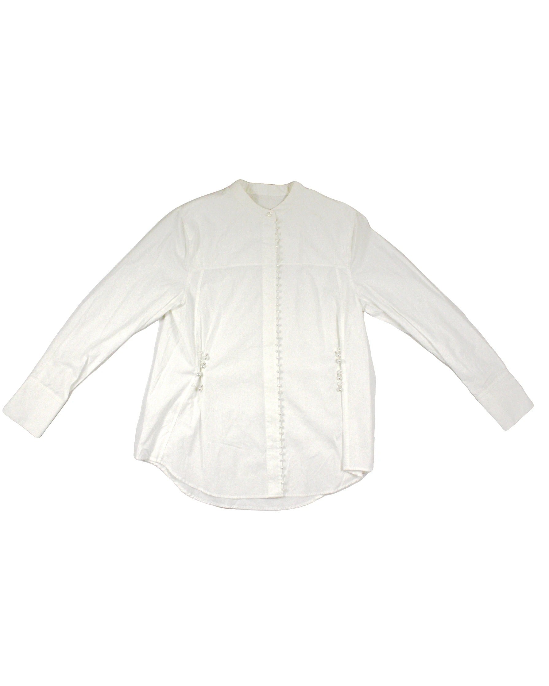 No Brand Women's White Collarless Long Sleeve Shirt with Pearl Trim and Side Buttons
