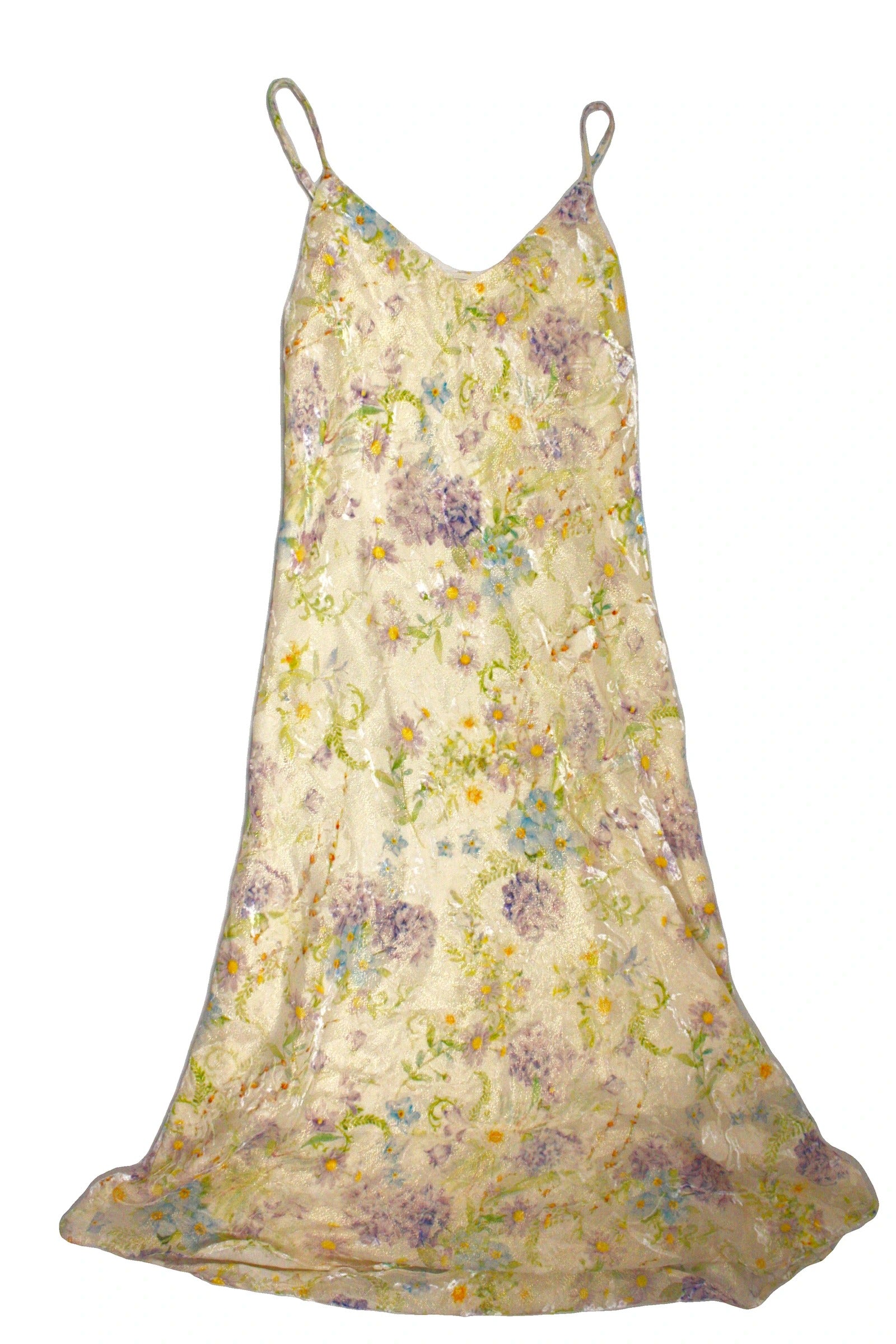 No Brand Women's Light Yellow/Green/Purple/Blue Silk Spaghetti Strap Maxi Dress with Metallic Floral Velour Pattern
