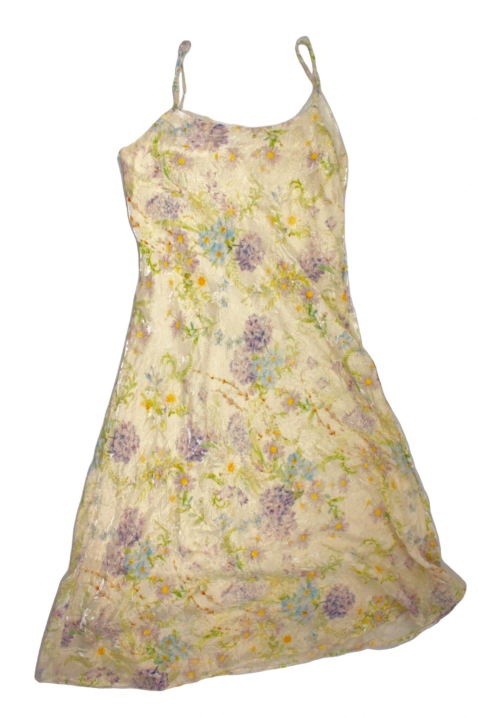 No Brand Women's Light Yellow/Green/Purple/Blue Silk Spaghetti Strap Maxi Dress with Metallic Floral Velour Pattern